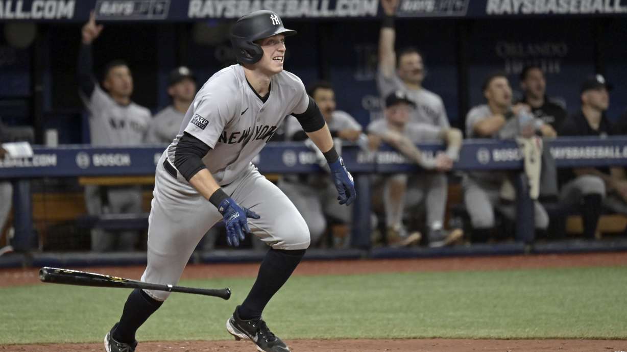 New York Yankees cheer from the dugout as Ben Rice hits a two-run home run off Tampa Bay Rays reliever Colin Poche during the seventh inning of a baseball game Tuesday, July 9, 2024, in St. Petersburg, Fla.