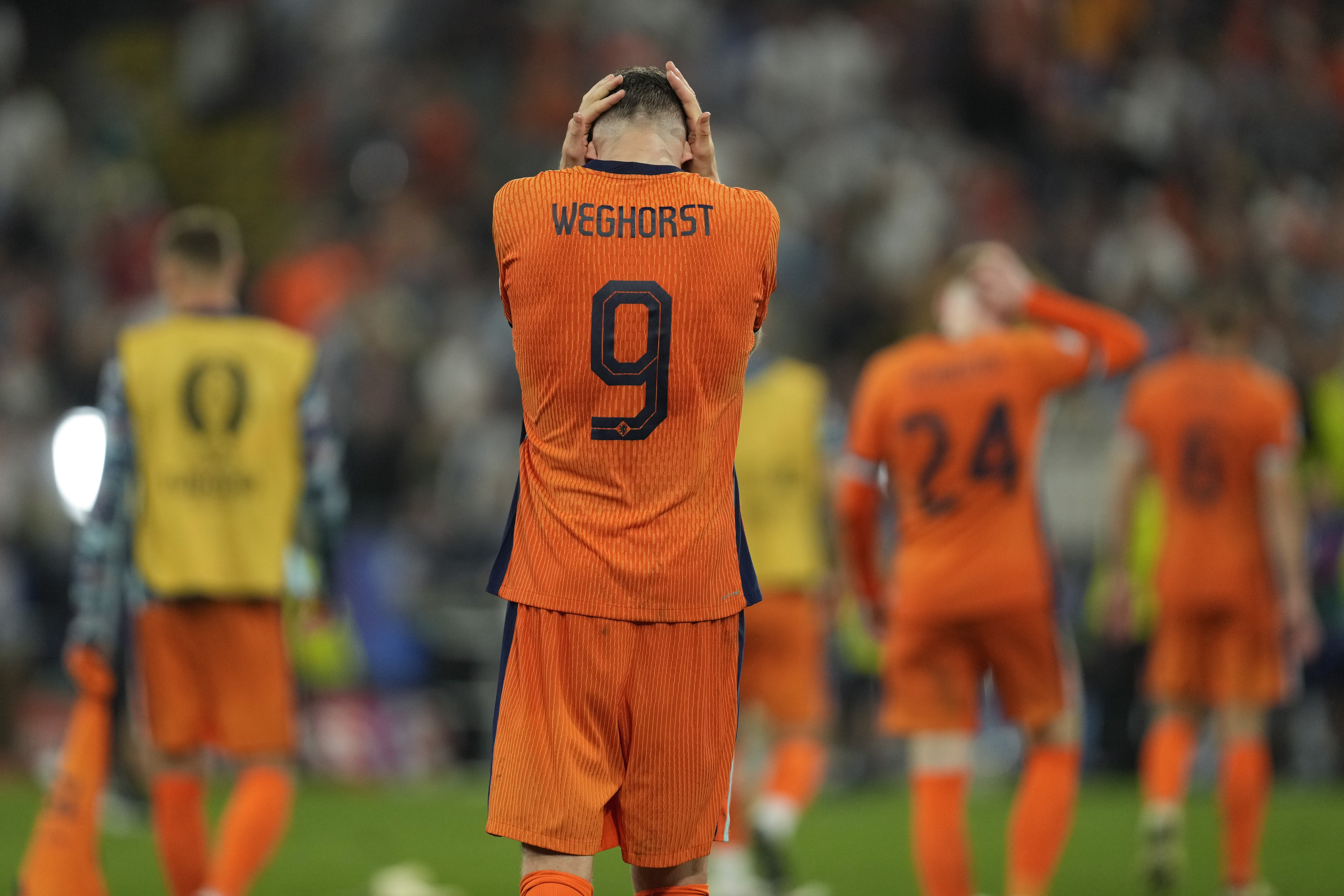 Wout Weghorst of the Netherlands leaves the pitch after a semifinal match between the Netherlands and England at the Euro 2024 soccer tournament in Dortmund, Germany, Wednesday, July 10, 2024. England won 2-1. 