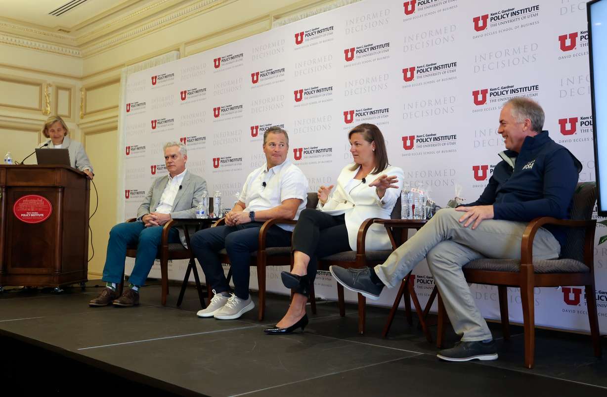 Gardner Institute director Natalie Gochnour moderates a panel discussion on “Potential Economic Impacts of the 2034 Olympic and Paralympic Games,” with John Downen, Kem C. Gardner Policy Institute senior research fellow, Brett Hopkins, Salt Lake City-Utah Committee for the Games CFO/COO, Catherine Raney Norman, Salt Lake City-Utah Committee for the Games chairman, and Colin Hilton, Utah Olympic Legacy Foundation CEO, at the Kem C. Gardner Policy Institute newsmaker breakfast, hosted by the Kem C. Gardner Institute, in Salt Lake City on Wednesday.