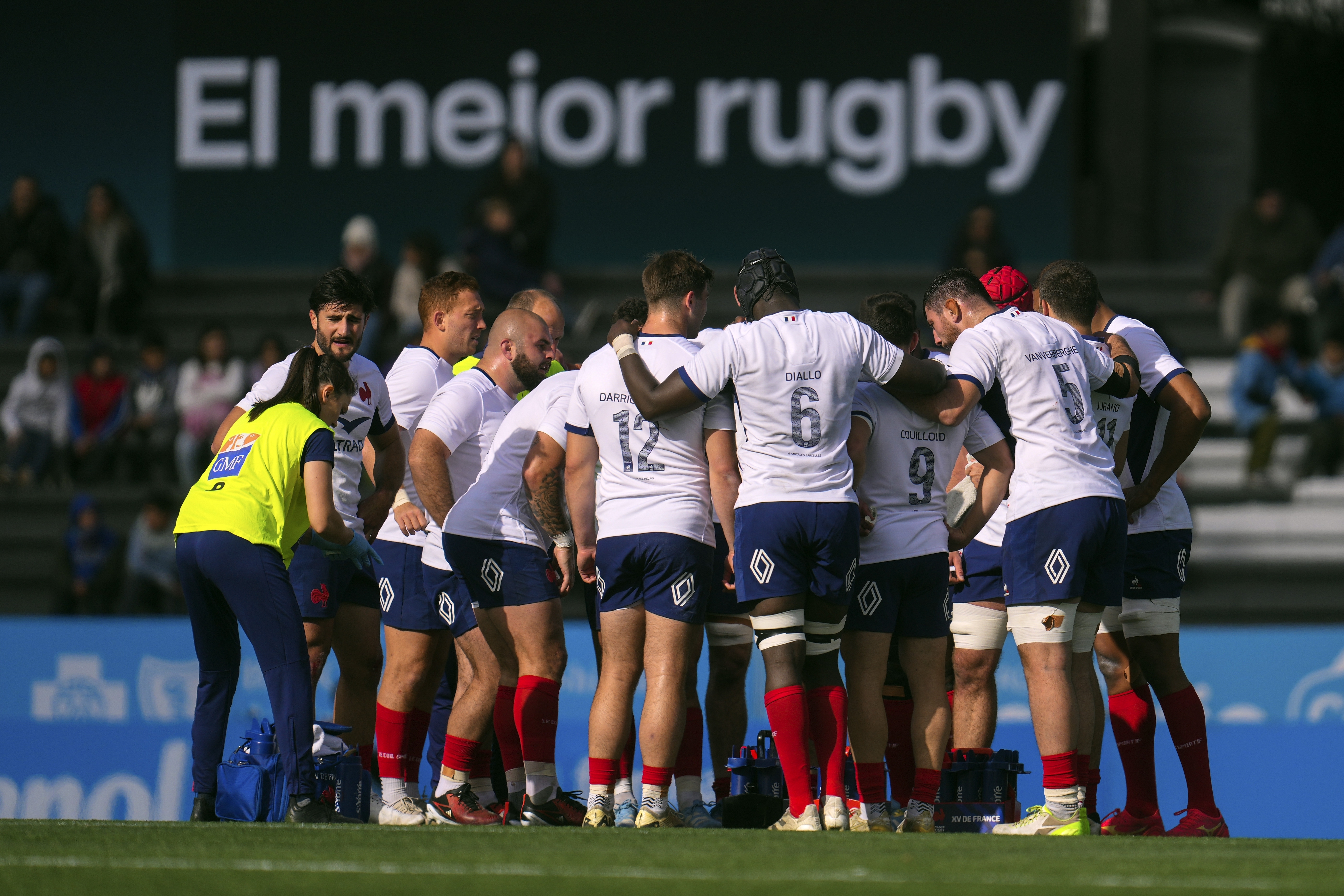 France's rugby players huddle during their match against Uruguay in Montevideo, Uruguay, Wednesday, July 10, 2024. 