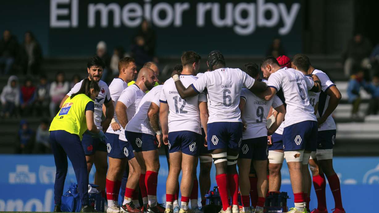 France's rugby players huddle during their match against Uruguay in Montevideo, Uruguay, Wednesday, July 10, 2024.