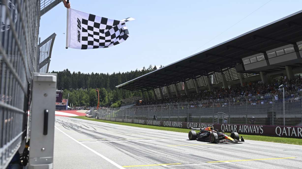 Red Bull driver Max Verstappen of the Netherlands crosses the finish line to win the sprint event at the Red Bull Ring racetrack in Spielberg, Austria, Saturday, June 29, 2024. The Austrian Formula One Grand Prix will be held on Sunday.