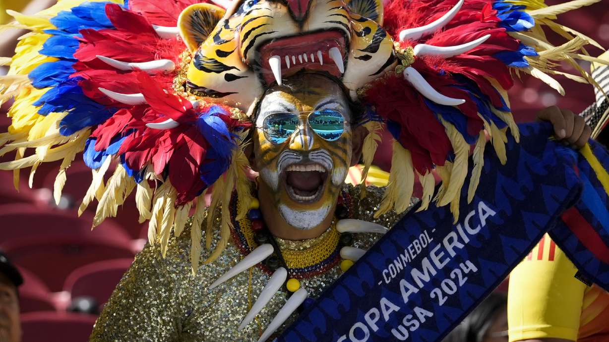 A fan for Colombia yells in the stands before a Copa America Group D soccer match against Brazil, Tuesday, July 2, 2024, in Santa Clara, Calif.