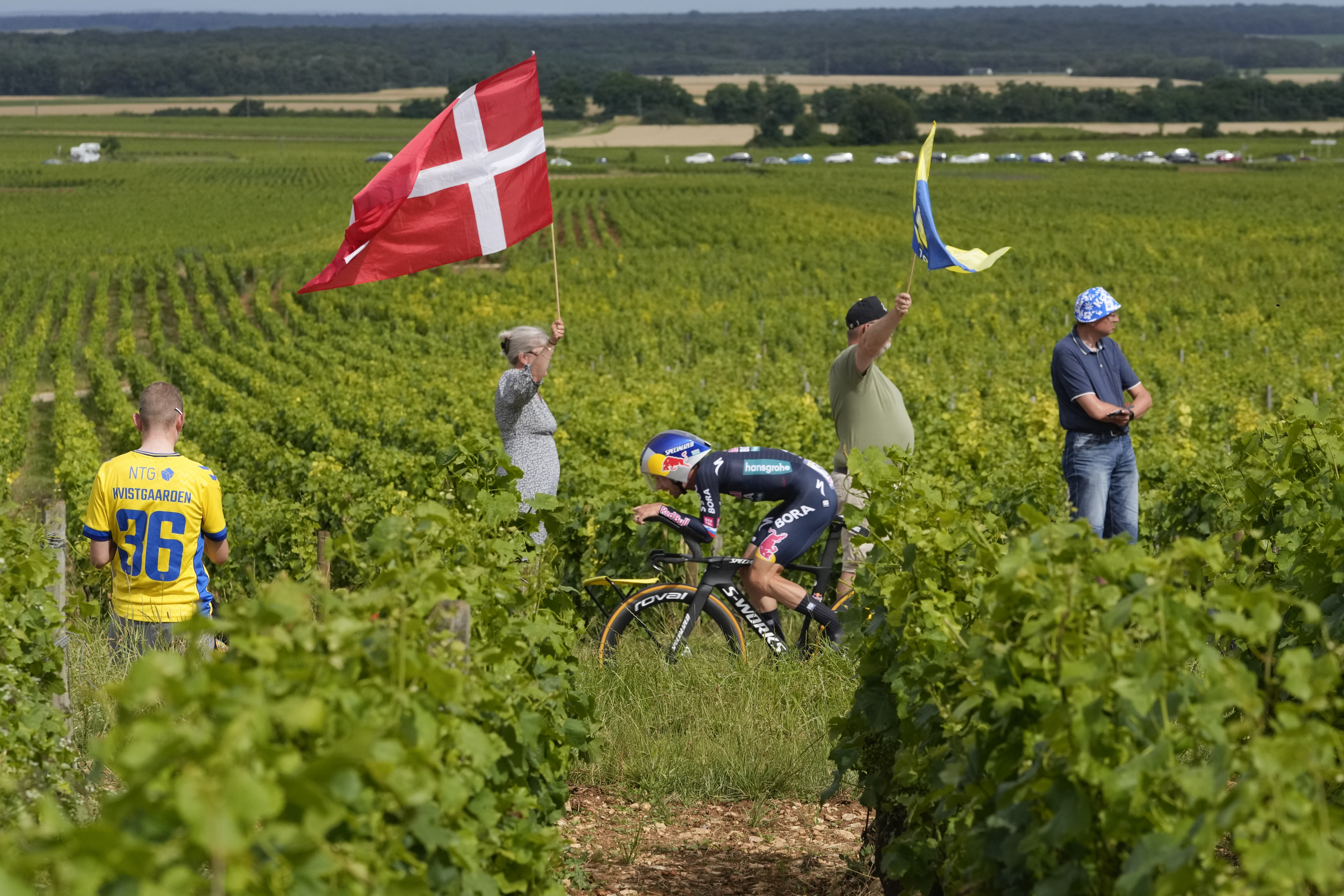 Slovenia's Primoz Roglic rides through the vineyards during the seventh stage of the Tour de France cycling race, an individual time-trial over 25.3 kilometers (15.7 miles) with start Nuits-Saint-Georges and finish in Gevrey-Chambertin, France, Friday, July 5, 2024. 
