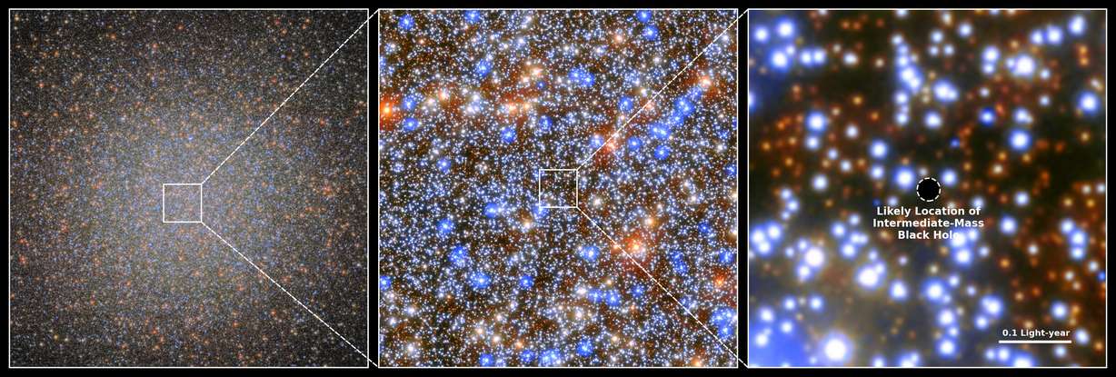 オメガ・ケンタウリ星団内の中間ブラックホールの位置の可能性。 各パネルがシステムに近づきます。