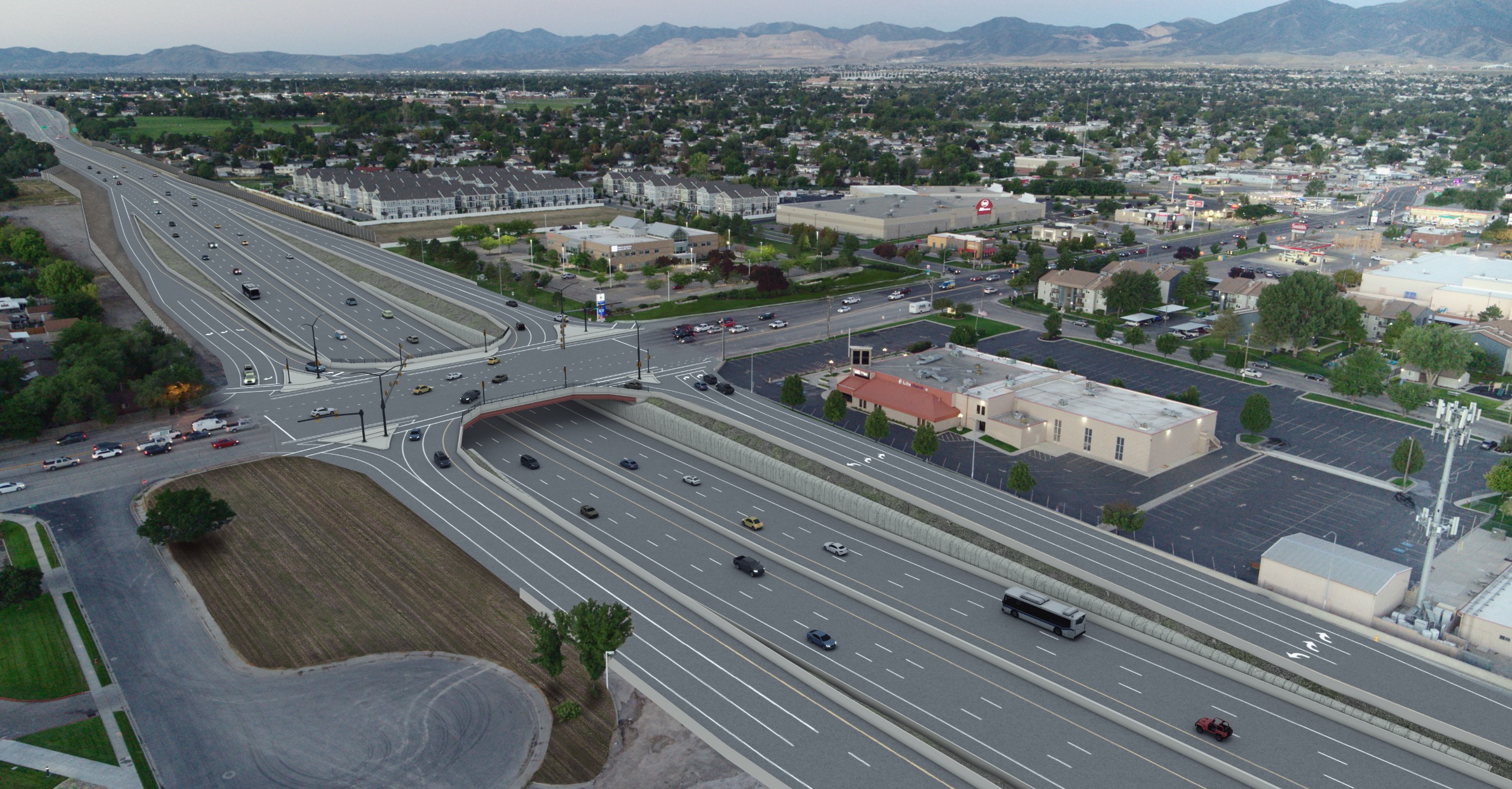 A rendering of what a freeway-style interchange will look like on Bangerter Highway at 4700 South. The interchange is expected to open by the end of 2025.