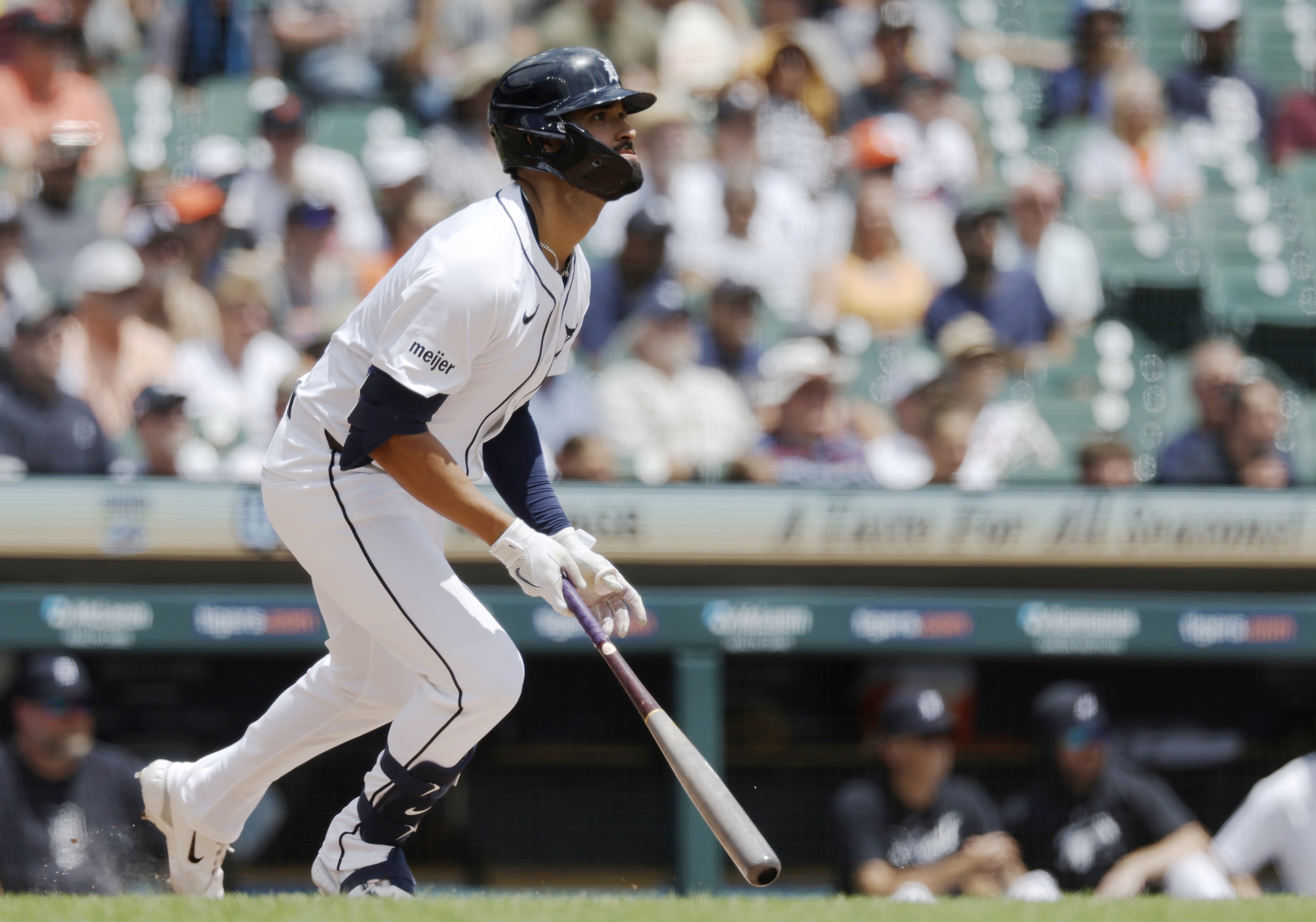 Detroit Tigers' Riley Greene watches his RBI-single against the Cleveland Guardians during the first inning of a baseball game Thursday, July 11, 2024, in Detroit. 