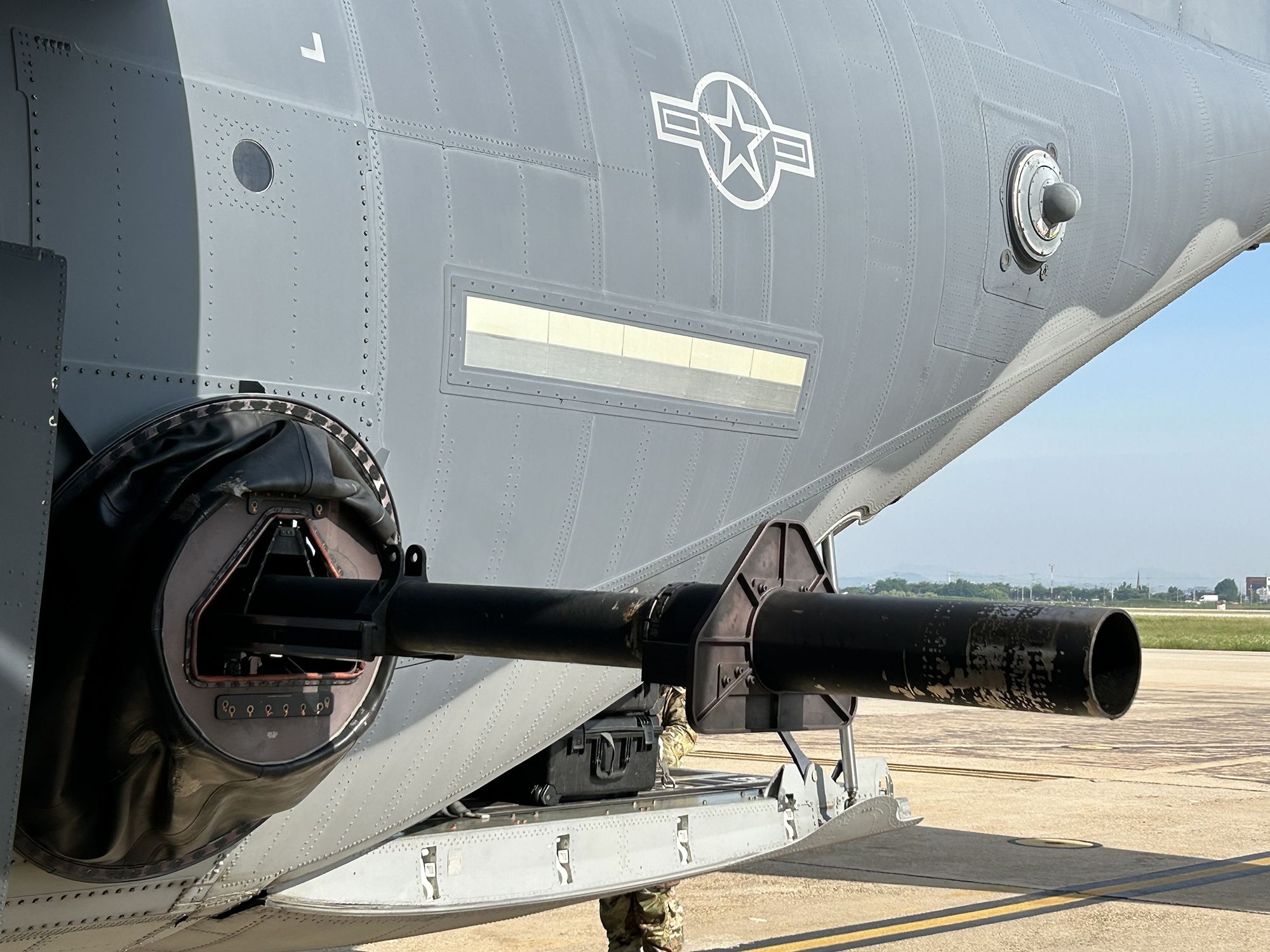 A 105mm howitzer is seen at the rear of a U.S. Air Force AC-130J at Osan Air Base, South Korea, in early June.