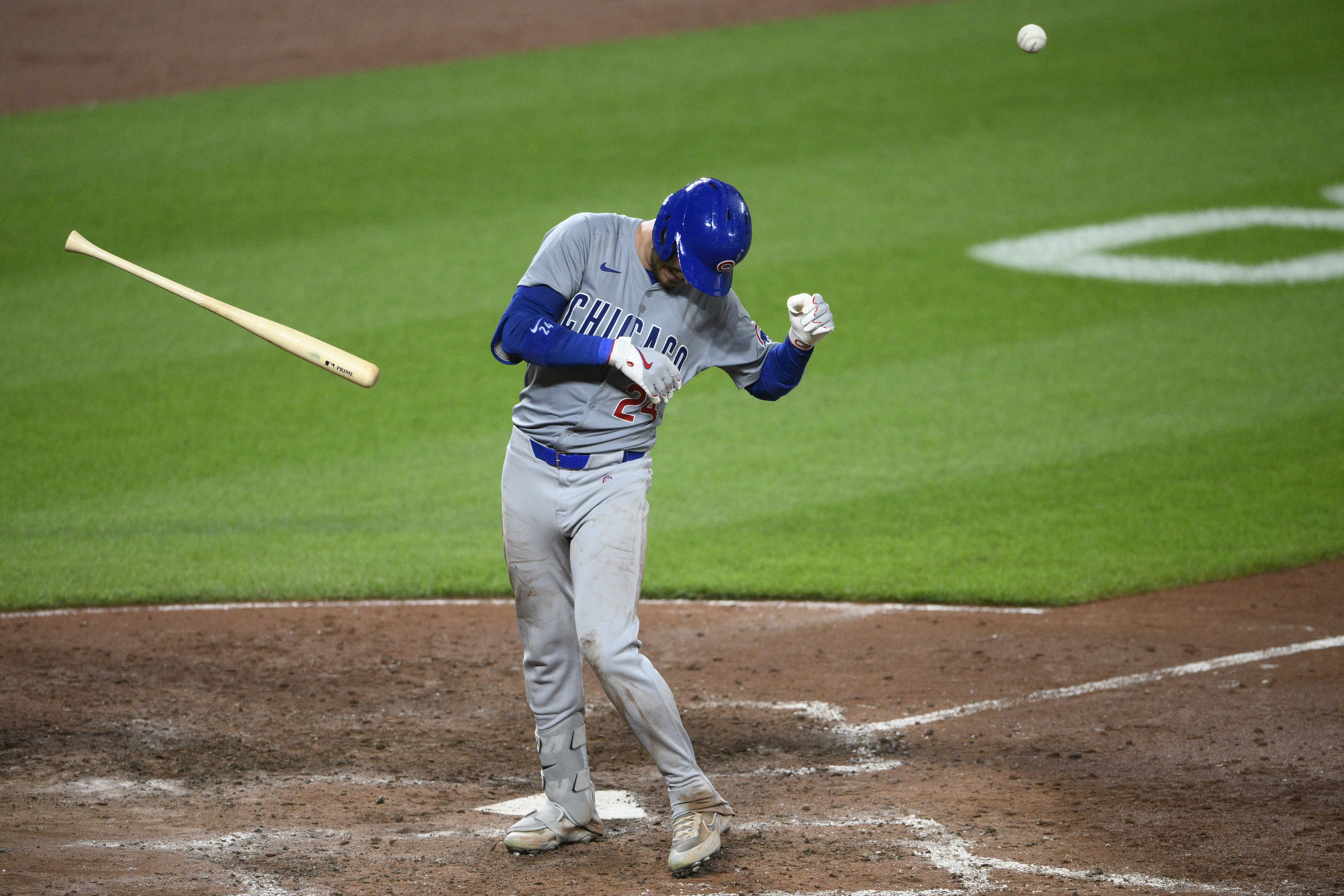 Chicago Cubs' Cody Bellinger reacts after he was hit by a pitch by Baltimore Orioles relief pitcher Cionel Perez during the seventh inning of a baseball game Wednesday, July 10, 2024, in Baltimore.