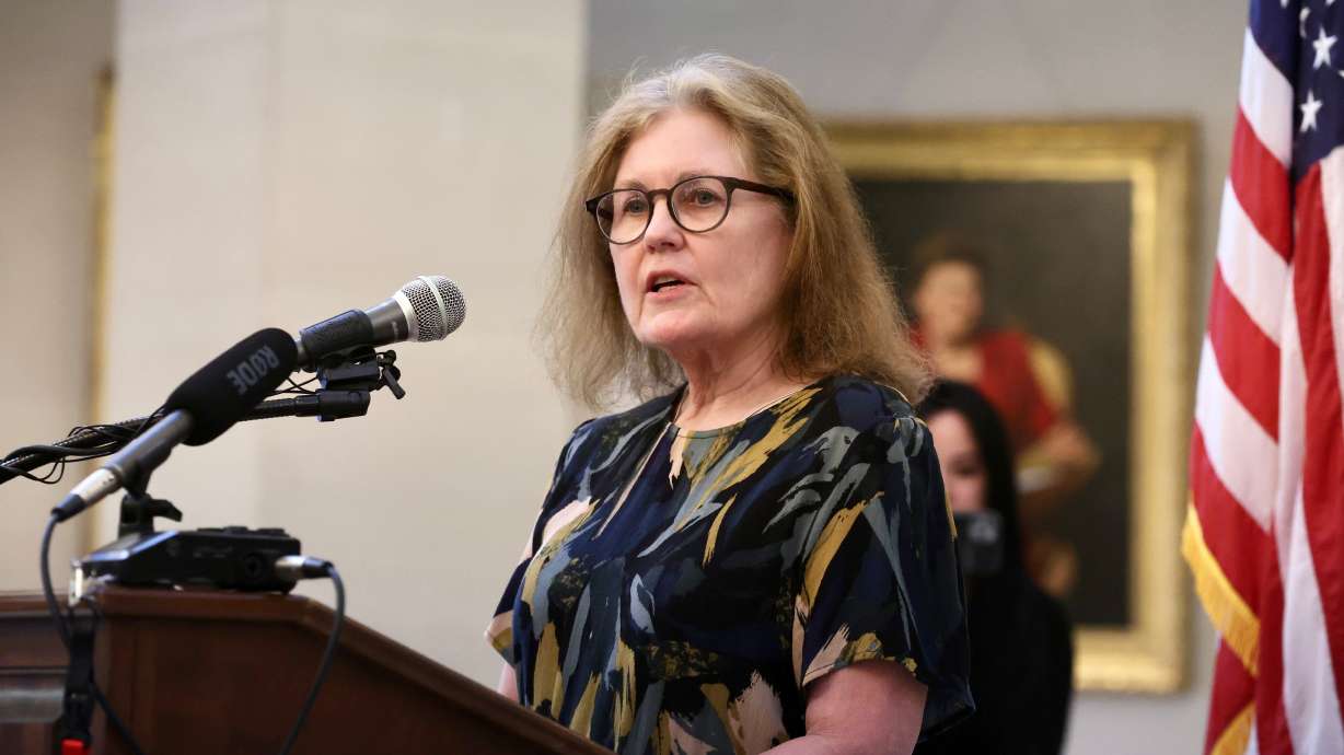 Victoria Reid, a plaintiff in a lawsuit challenging Utah's congressional voting maps, speaks at the Capitol in Salt Lake City, Thursday. The Utah Supreme Court ruled the Legislature overstepped in weakening a ballot initiative that created an independent redistricting commission.