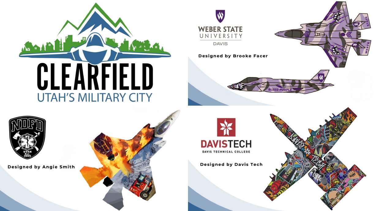 The image shows the new logo for the city of Clearfield, upper left-hand corner, and representations of three planned fiberglass jets, including the sponsors helping fund them, that are to be placed in the city as part of rebranding.