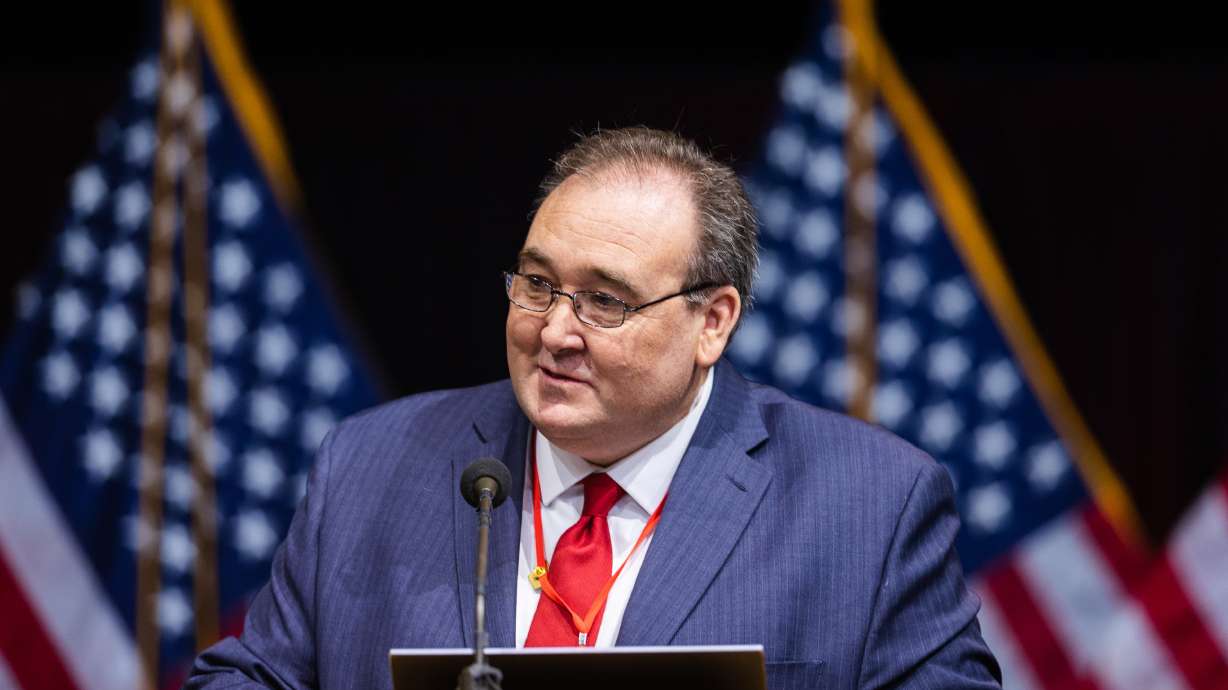 Utah Republican State Party treasurer candidate Patrick Russo speaks during the Utah Republican Party Organizing Convention in Orem on April 22, 2023. The Davis County Republican Party has imposed sanctions on two previous party office holders, including Russo, for alleged ethical violations.