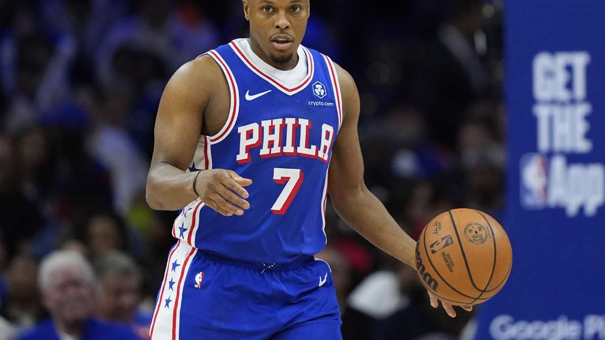 FILE - Philadelphia 76ers' Kyle Lowry plays during Game 3 in an NBA basketball first-round playoff series April 25, 2024, in Philadelphia. Lowry says he is re-signing with his hometown 76ers. The six-time All-Star guard announced his decision on Instagram, Thursday, July 11, 2024. ESPN reported that the 38-year-old Lowry is agreeing to a one-year deal.