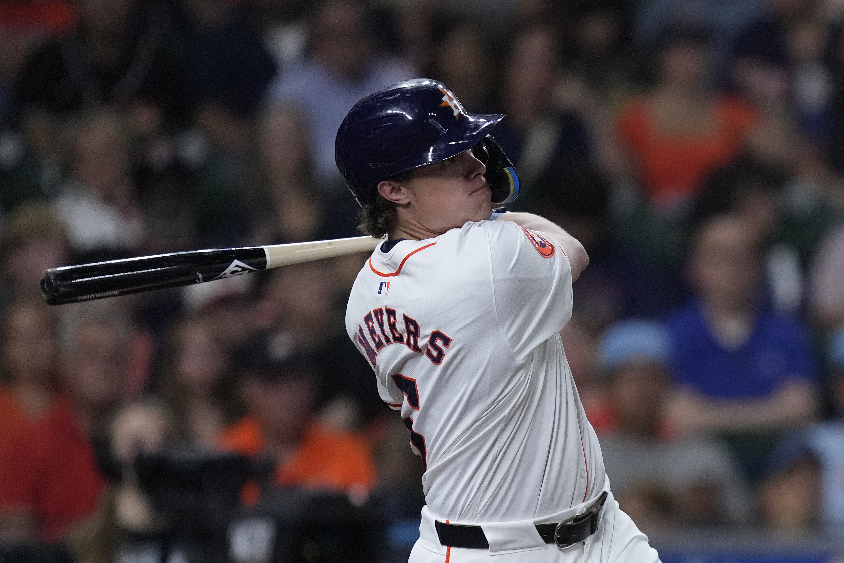 Houston Astros' Jake Meyers hits an RBI double during the fourth inning of a baseball game against the Miami Marlins, Thursday, July 11, 2024, in Houston. 