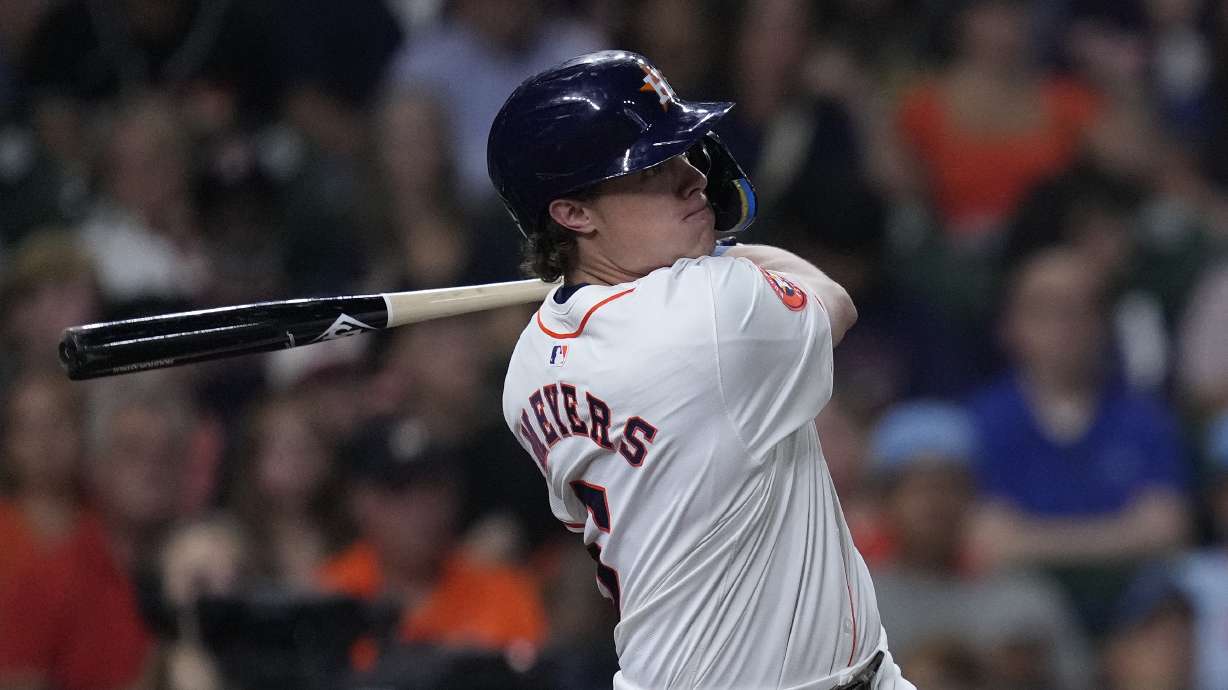 Houston Astros' Jake Meyers hits an RBI double during the fourth inning of a baseball game against the Miami Marlins, Thursday, July 11, 2024, in Houston.