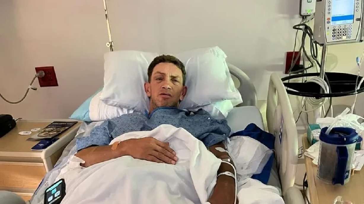 Mark Sargent is seen in the hospital after he was severely injured when a bull attacked him while he was helping to get cattle off a stranger's property.
