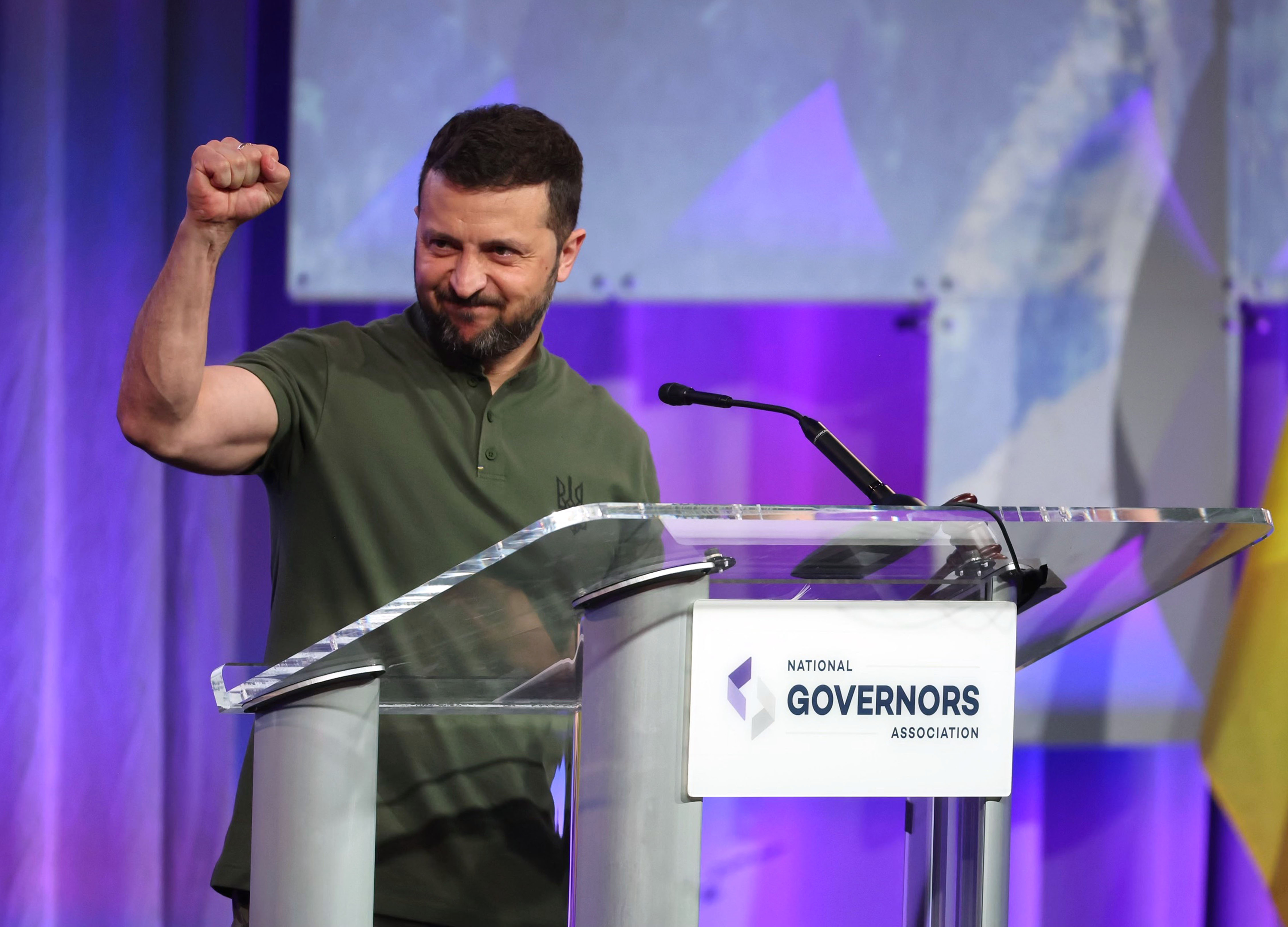 Ukrainian President Volodymyr Zelenskyy gestures to the crowd as he’s introduced during the National Governors Association’s 2024 Summer Meeting held at The Grand America Hotel in Salt Lake City on Friday.