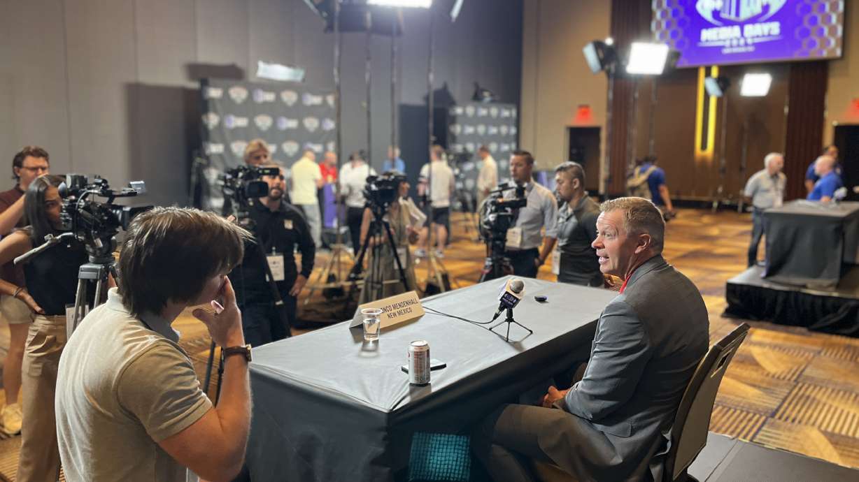 New Mexico head coach Bronco Mendenhall speaks with the media during Mountain West Conference media days, Thursday, July 11, 2024 at Circa resort and casino in Las Vegas.