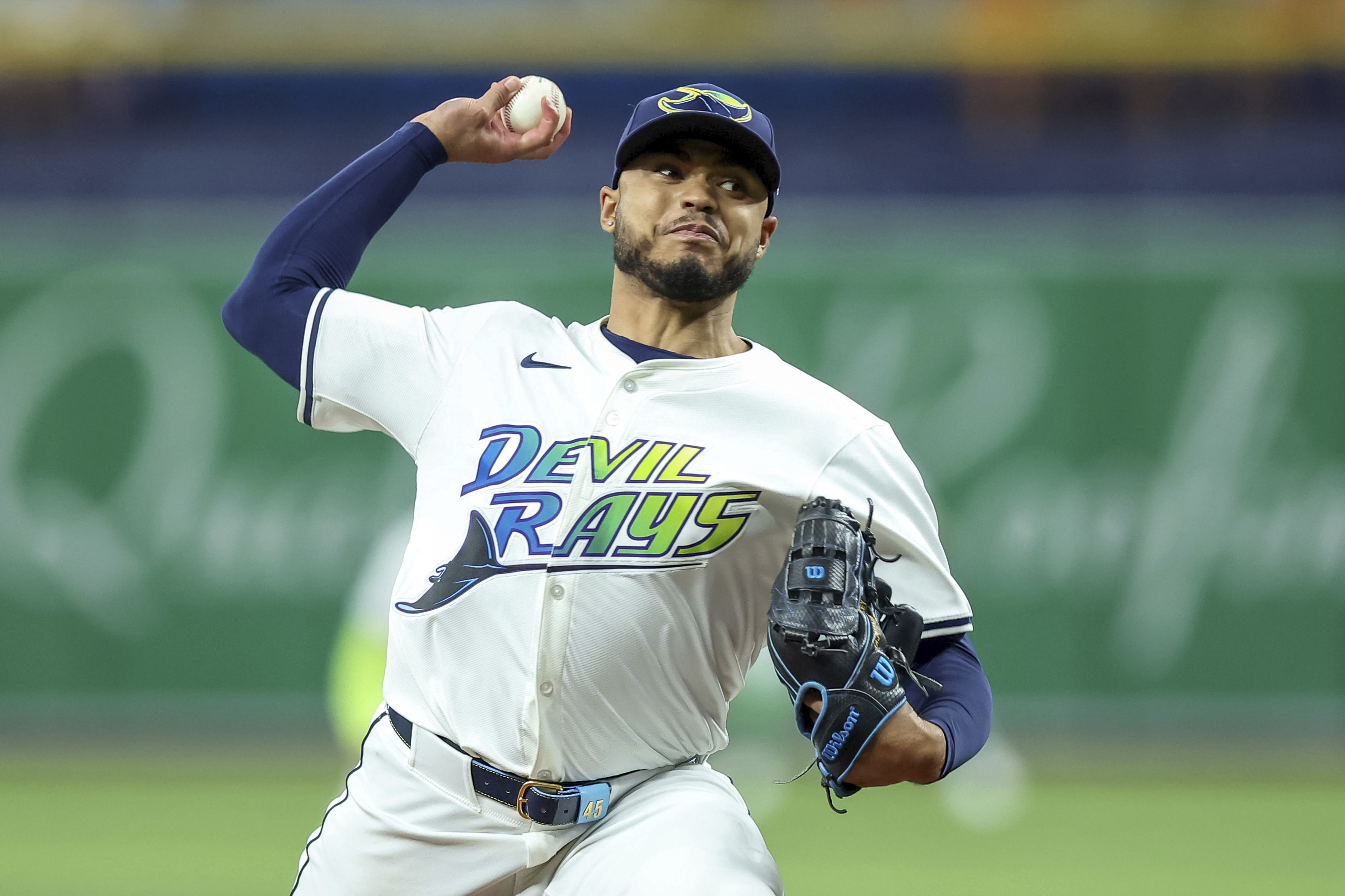Tampa Bay Rays starting pitcher Taj Bradley throws against the Cleveland Guardians during the first inning of a baseball game Friday, July 12, 2024, in St. Petersburg, Fla. 