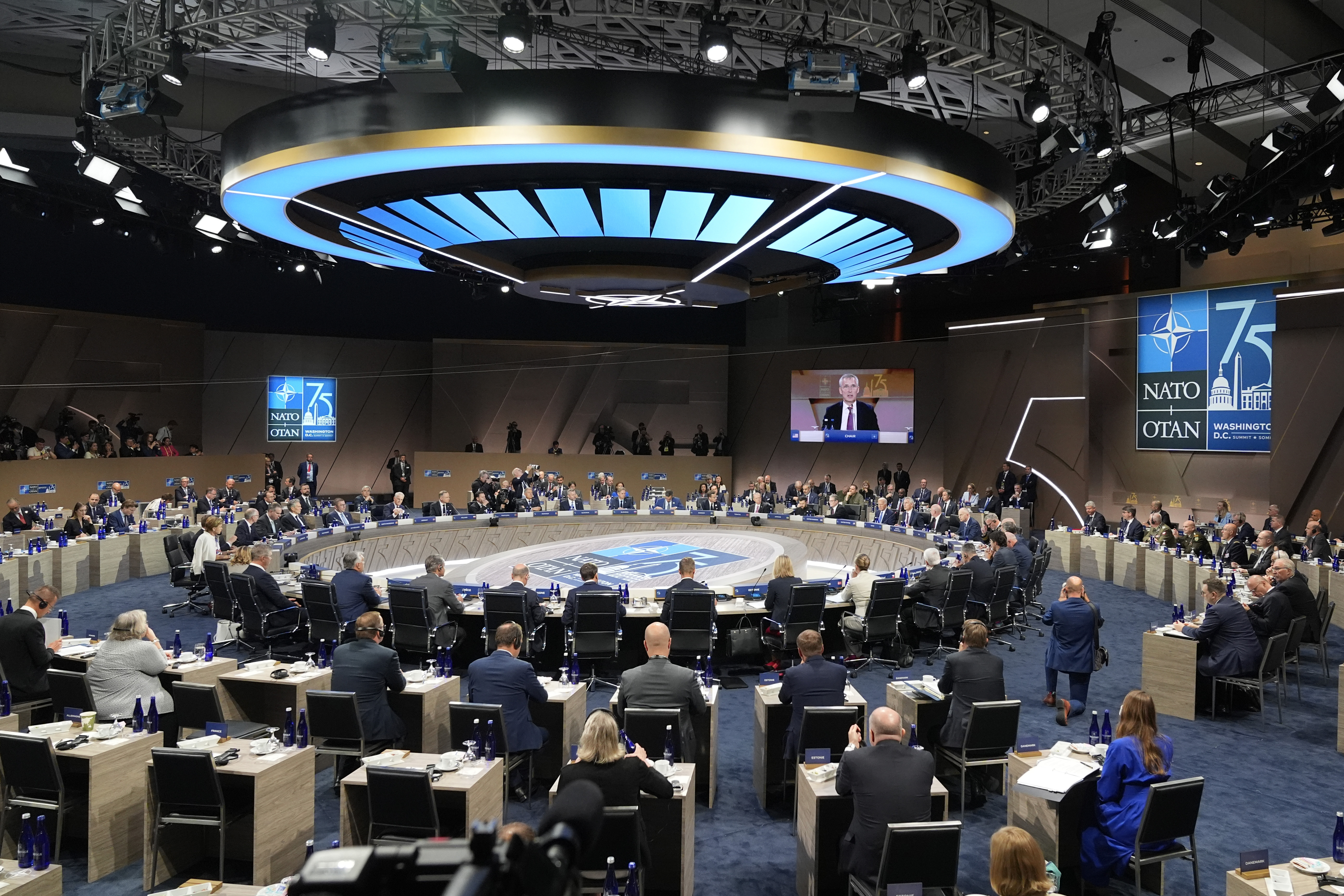 Leaders take their seats for a meeting of the NATO-Ukraine Council during the NATO summit in Washington, Thursday. European allies in NATO are stepping up their military spending, just as Donald Trump wanted.