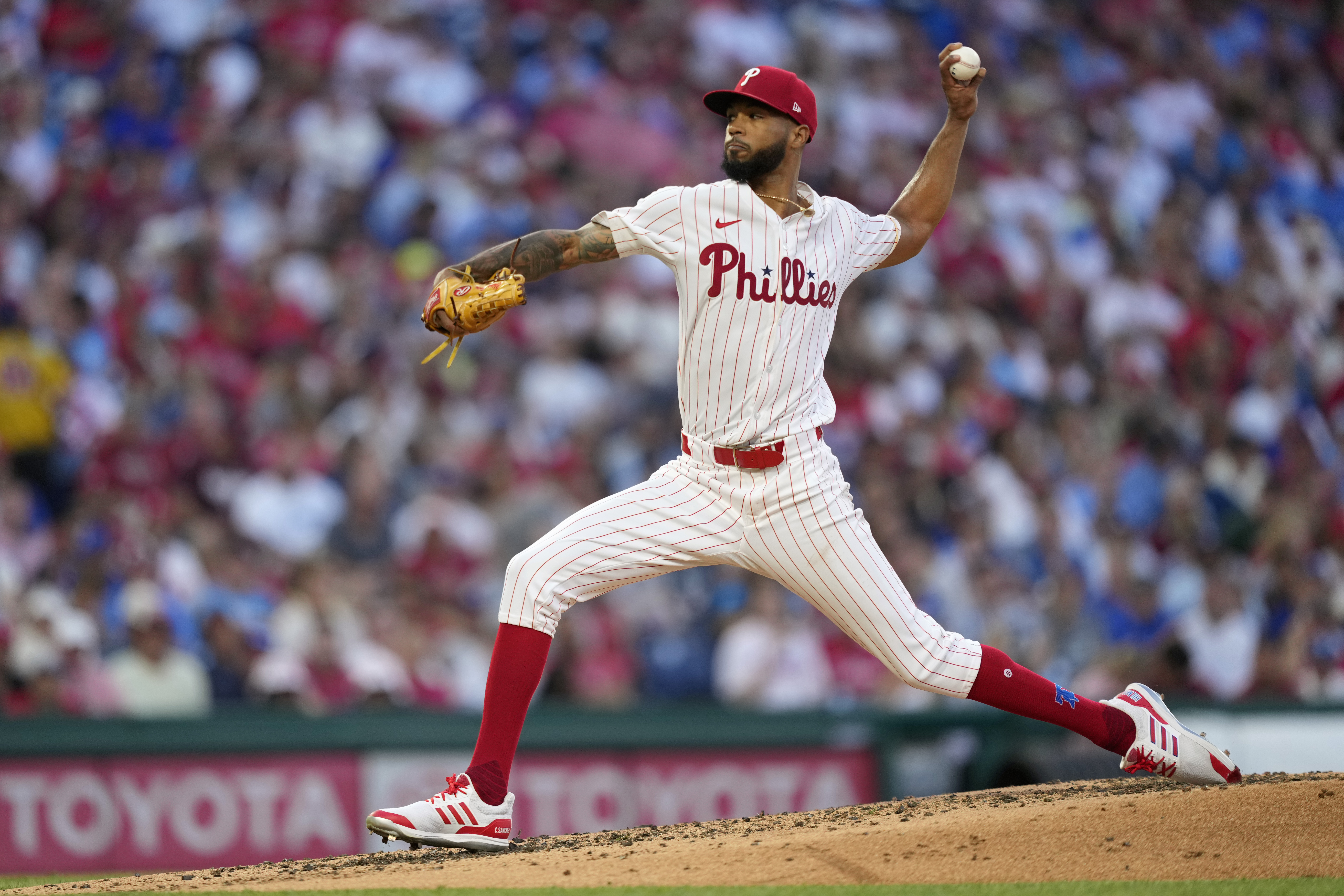 Philadelphia Phillies' Cristopher Sánchez pitches during the fourth inning of a baseball game against the Los Angeles Dodgers, Wednesday, July 10, 2024, in Philadelphia. 