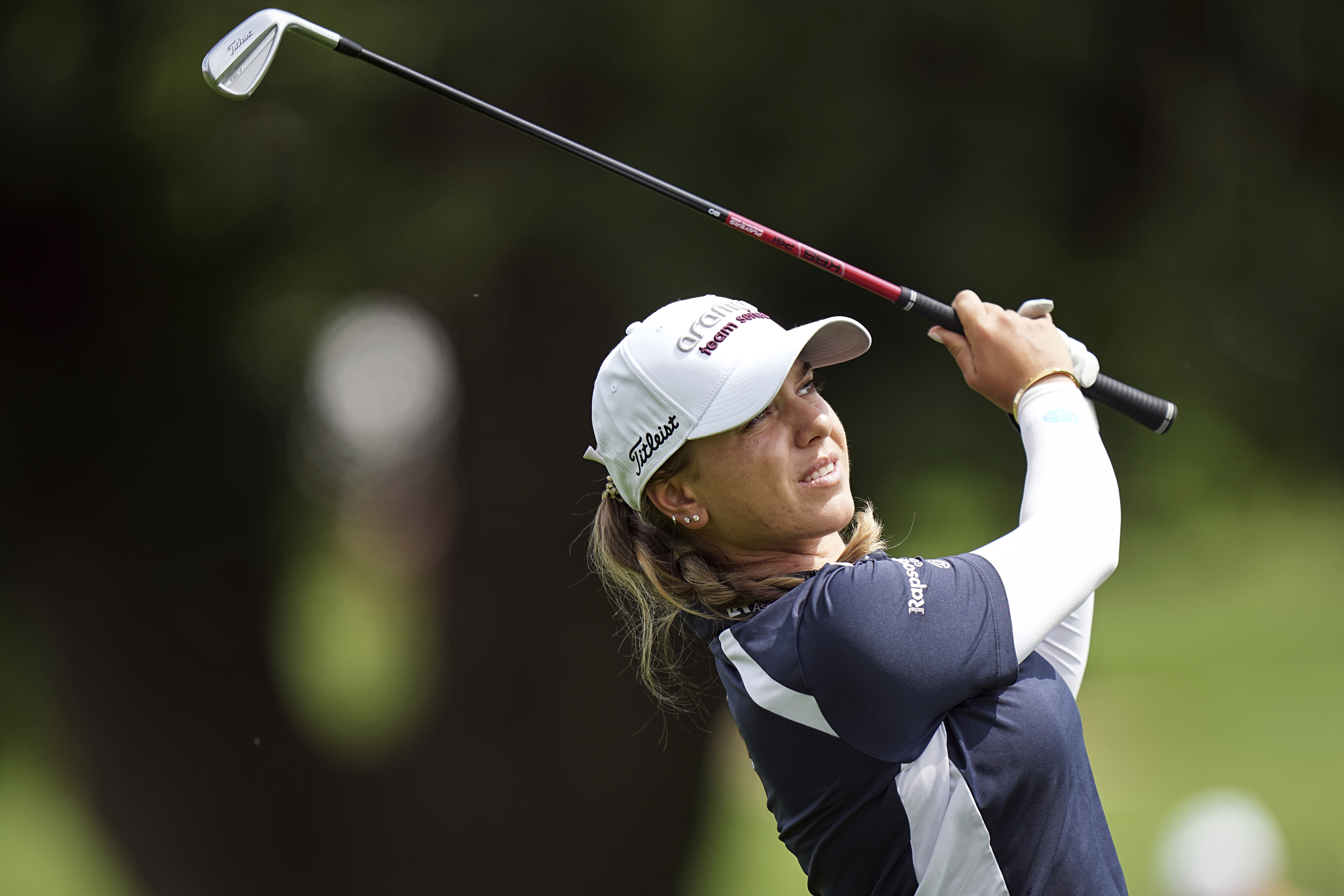 Stephanie Kyriacou, of Australia, plays on the 14th hole during the third round of the Evian Championship women's golf tournament, in Evian, eastern France, Saturday, July 13, 2024.