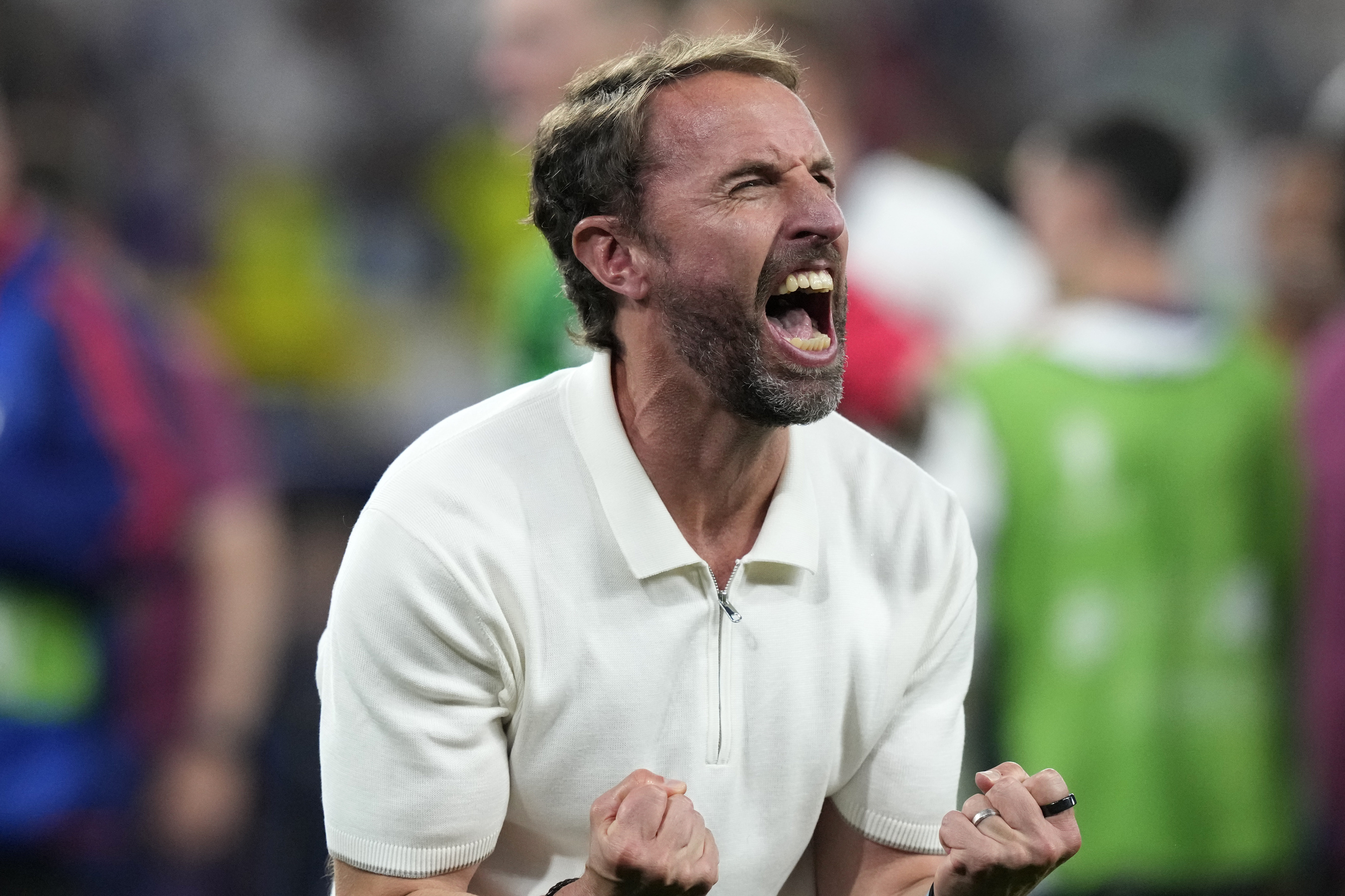 England's manager Gareth Southgate celebrates after winning a semifinal match between the Netherlands and England at the Euro 2024 soccer tournament in Dortmund, Germany, Wednesday, July 10, 2024. 