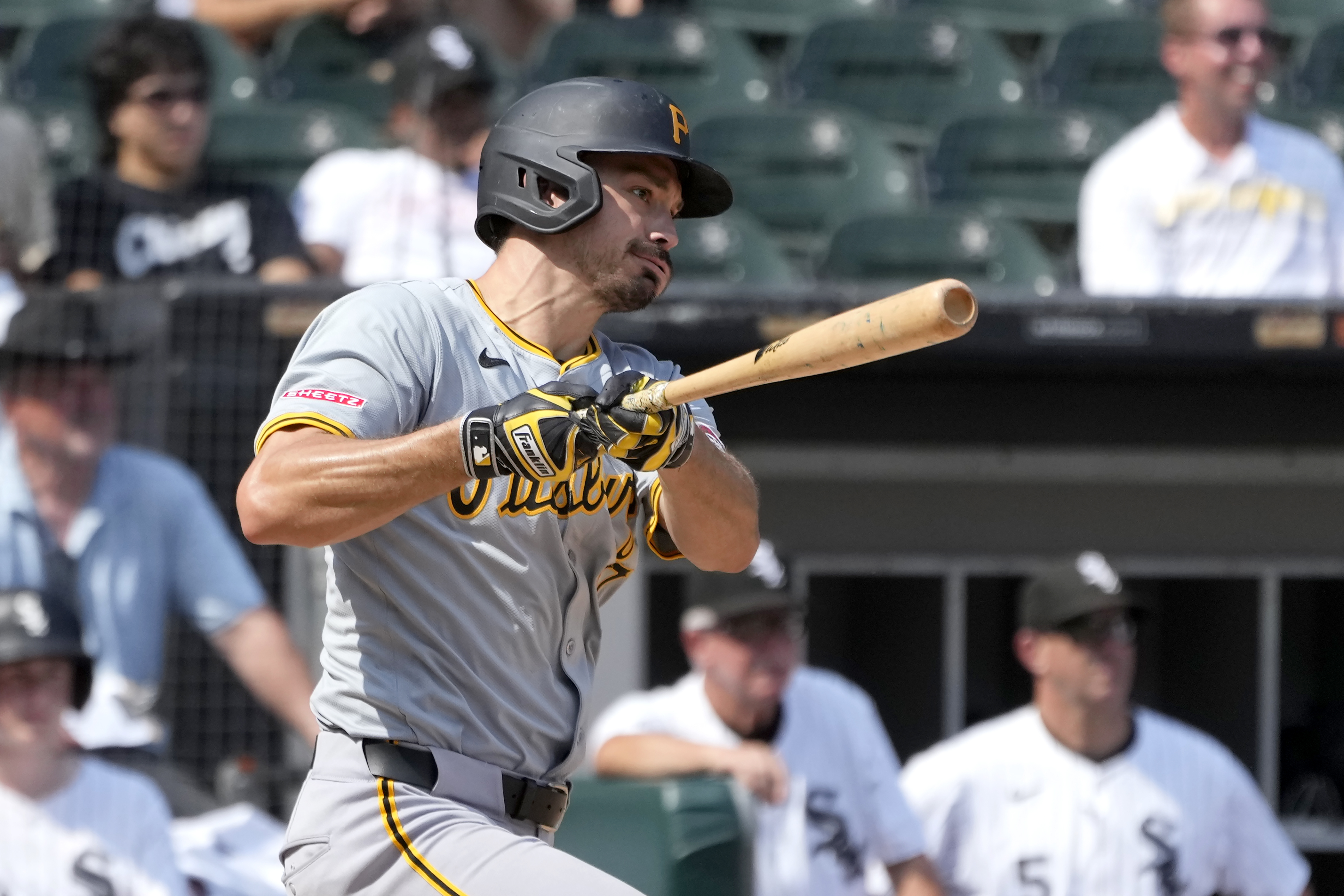 Pittsburgh Pirates' Bryan Reynolds watches his two-run single off Chicago White Sox relief pitcher Justin Anderson during the ninth inning of a baseball game Saturday, July 13, 2024, in Chicago. 