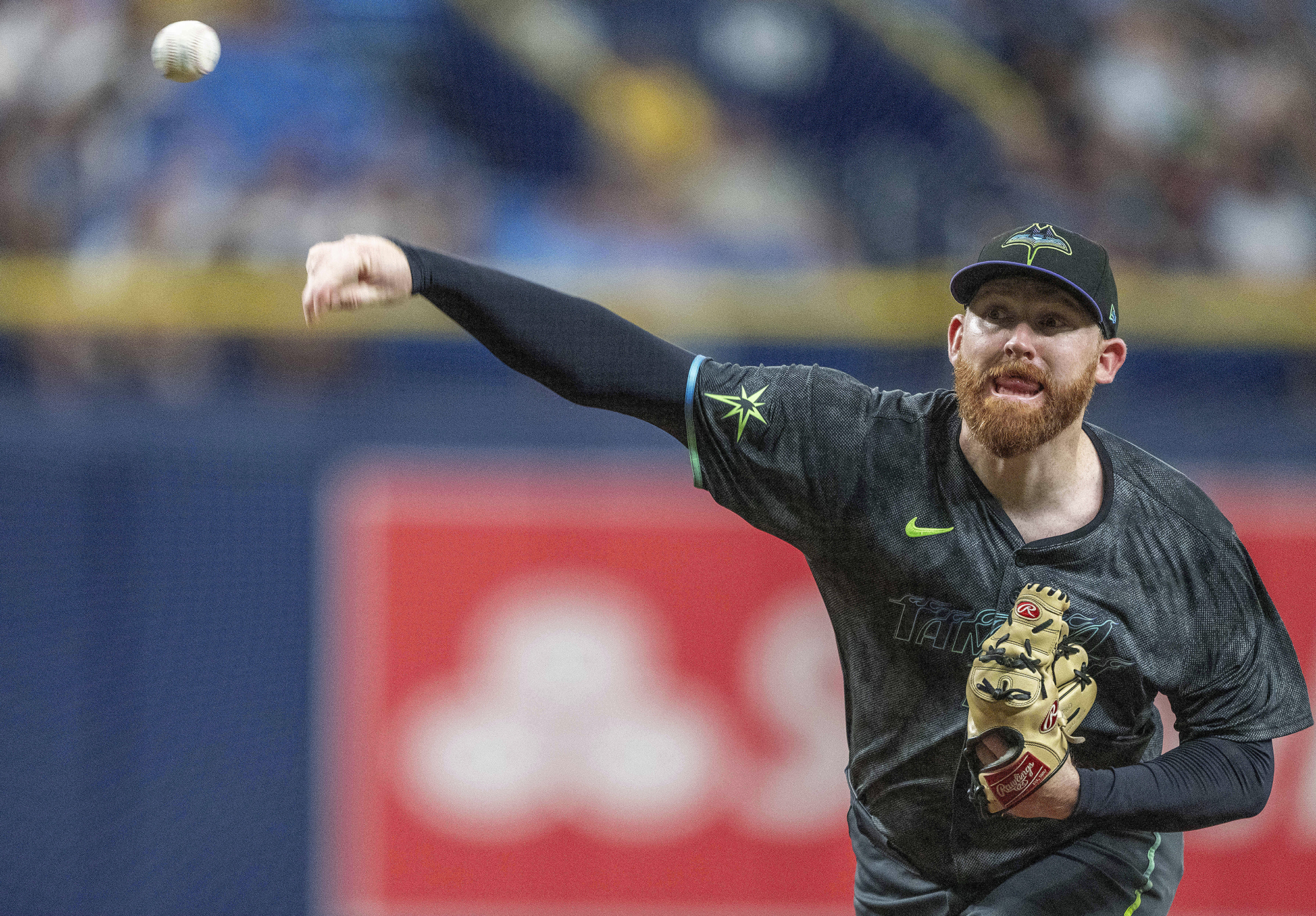 Tampa Bay Rays pitcher Zack Littlell throws during the first inning of a baseball game against the Cleveland Guardians, Saturday, July 13, 2024, in St. Petersburg, Fla. 