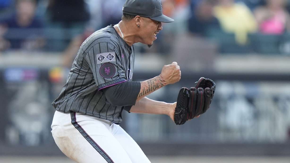 New York Mets pitcher Dedniel Núñez celebrates after a baseball game against the Colorado Rockies, Saturday, July 13, 2024, in New York. The Mets won 7-3.