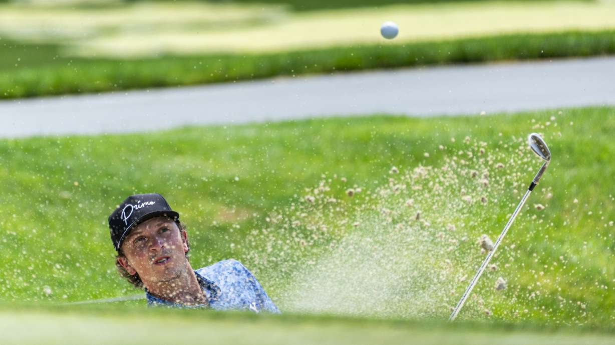 BYU’s Cole Ponich hits the ball out of a bunker during the finals of the 126th Utah State Amateur Championship held at the Ogden Golf & Country Club in Ogden on Saturday, July 13, 2024.