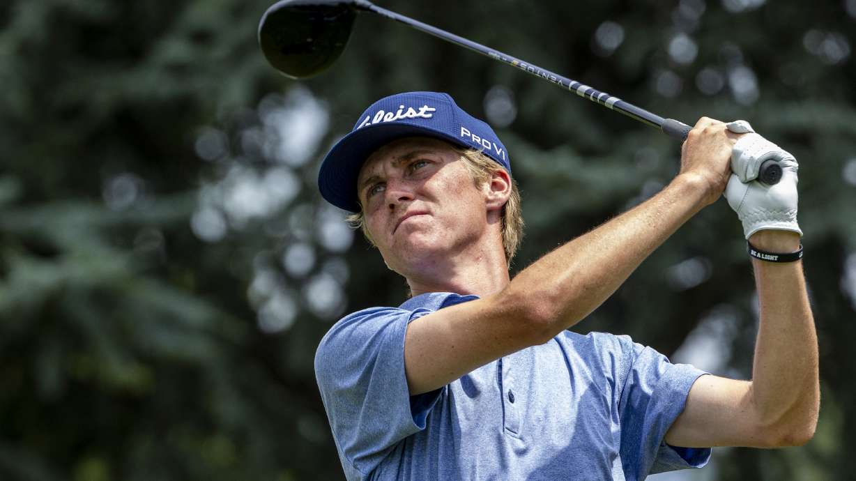 BYU’s Cooper Jones tees off during the finals of the 126th Utah State Amateur Championship held at the Ogden Golf & Country Club in Ogden on Saturday, July 13, 2024.
