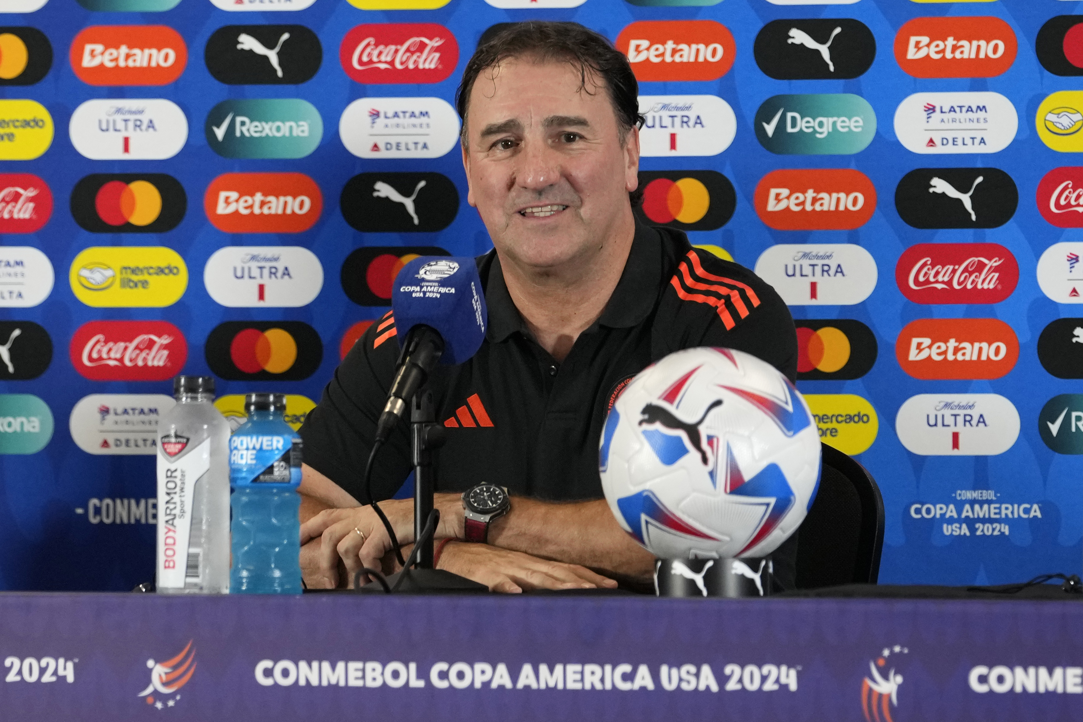 Colombia head coach Nestor Lorenzo speaks during a Copa America soccer news conference, Saturday, July 13, 2024, in Miami Gardens, Fla. Colombia plays Argentina in the final Sunday. 