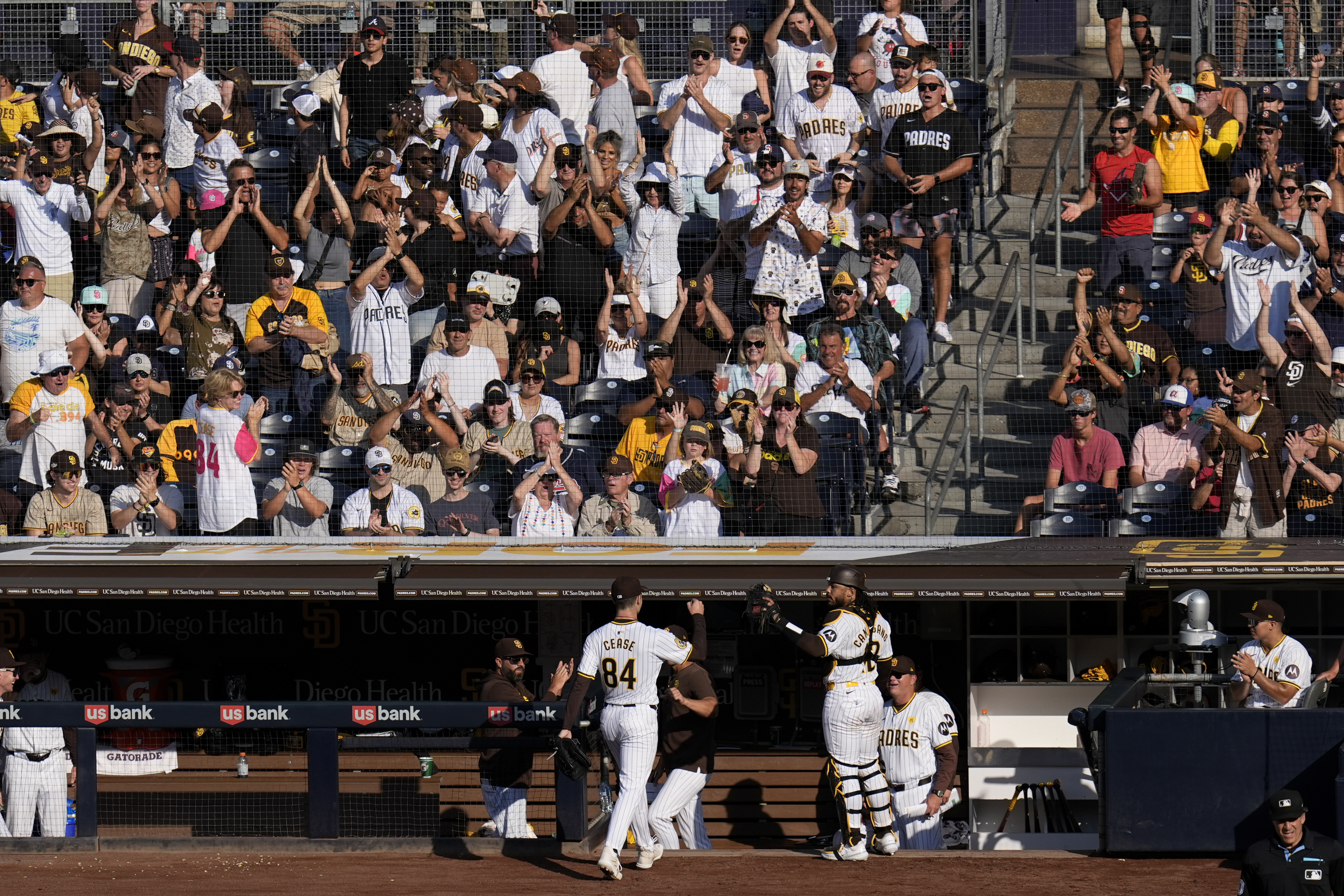 Fans applaud San Diego Padres starting pitcher Dylan Cease (84) as he exits during the sixth inning of a baseball game against the Atlanta Braves, Saturday, July 13, 2024, in San Diego. 