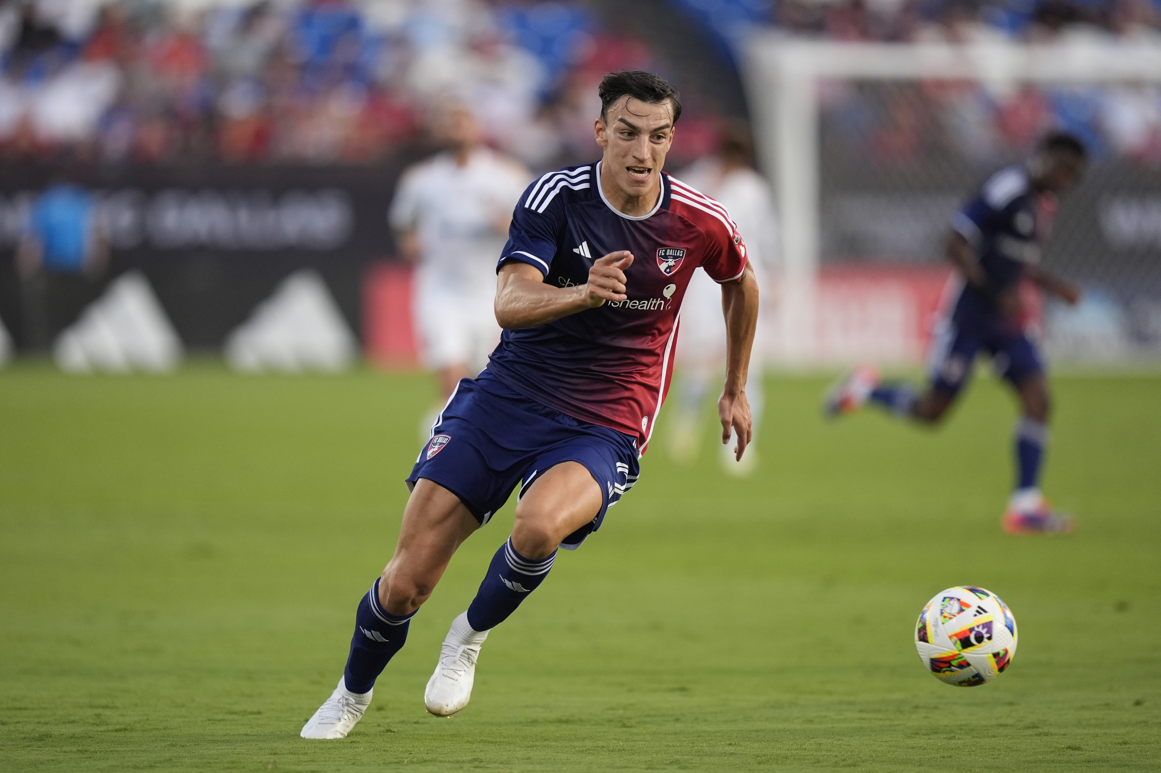 FC Dallas forward Petar Musa attacks the ball during the first half of an MLS soccer match against the Los Angeles Galaxy, Saturday, July 13, 2024, in Frisco, Texas. 