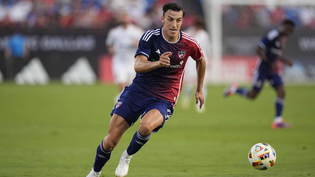 FC Dallas forward Petar Musa attacks the ball during the first half of an MLS soccer match against the Los Angeles Galaxy, Saturday, July 13, 2024, in Frisco, Texas.