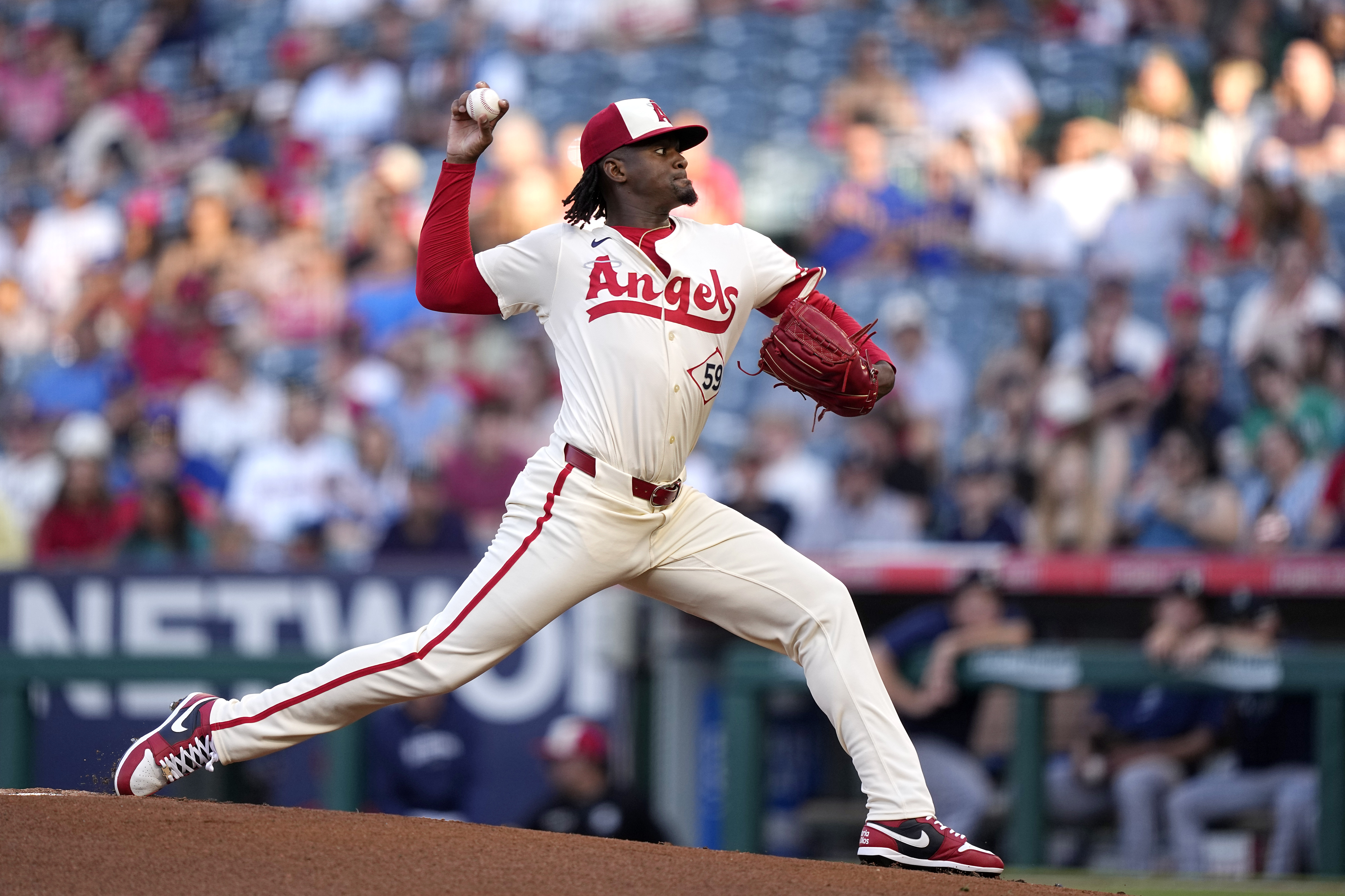 Los Angeles Angels starting pitcher Jose Soriano throws to the plate during the first inning of a baseball game against the Seattle Mariners Saturday, July 13, 2024, in Anaheim, Calif. 