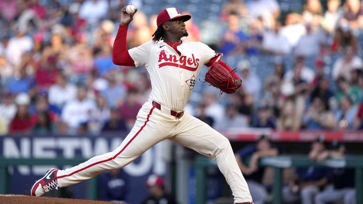 Los Angeles Angels starting pitcher Jose Soriano throws to the plate during the first inning of a baseball game against the Seattle Mariners Saturday, July 13, 2024, in Anaheim, Calif.