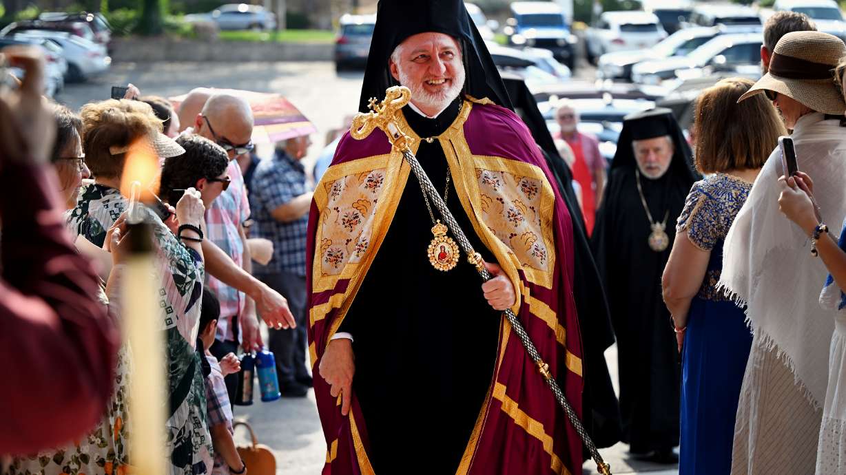 His Eminence Archbishop Elpidophoros of America, arrives at St. Anna’s Greek Orthodox Church as they celebrates the opening of their new church in Sandy on Saturday, July 13, 2024.