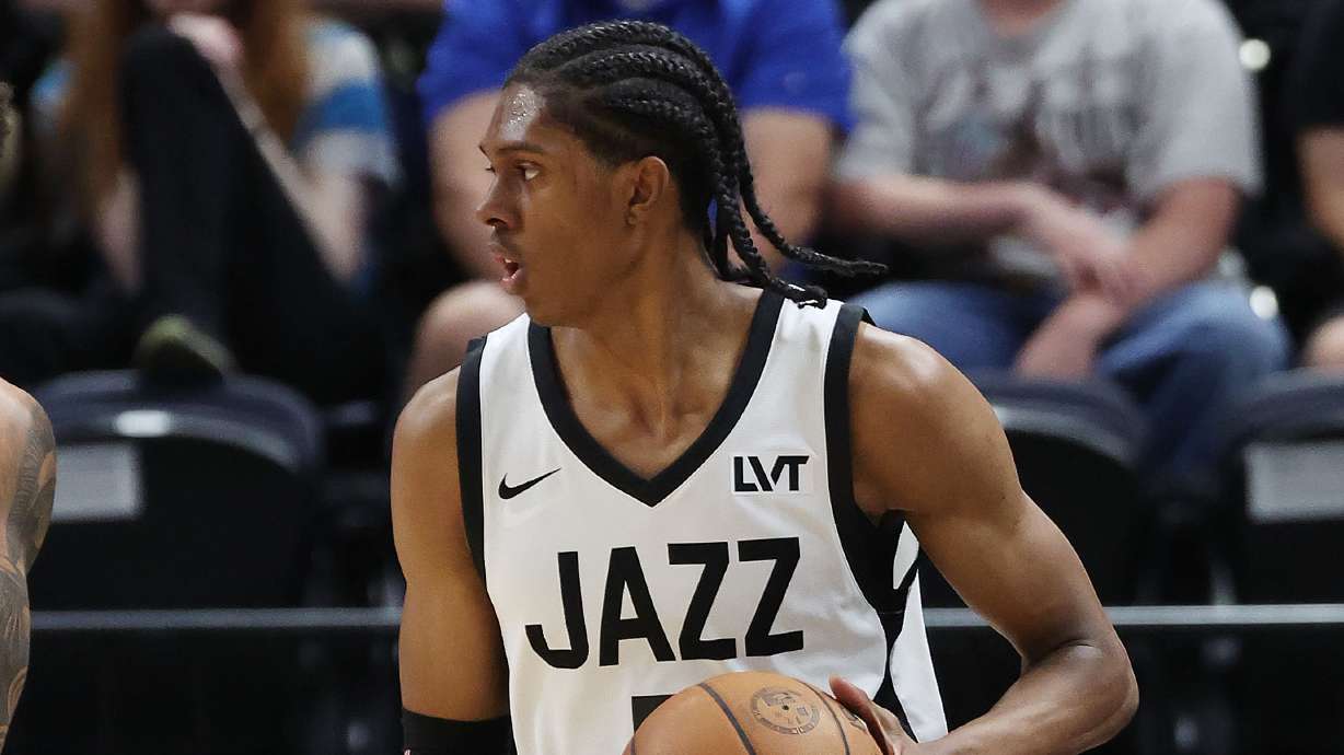 Utah Jazz forward Cody Williams (5) dribbles up court during a SLC Summer League game in Salt Lake City on Monday, July 8, 2024. The Jazz won 97-95 in overtime.