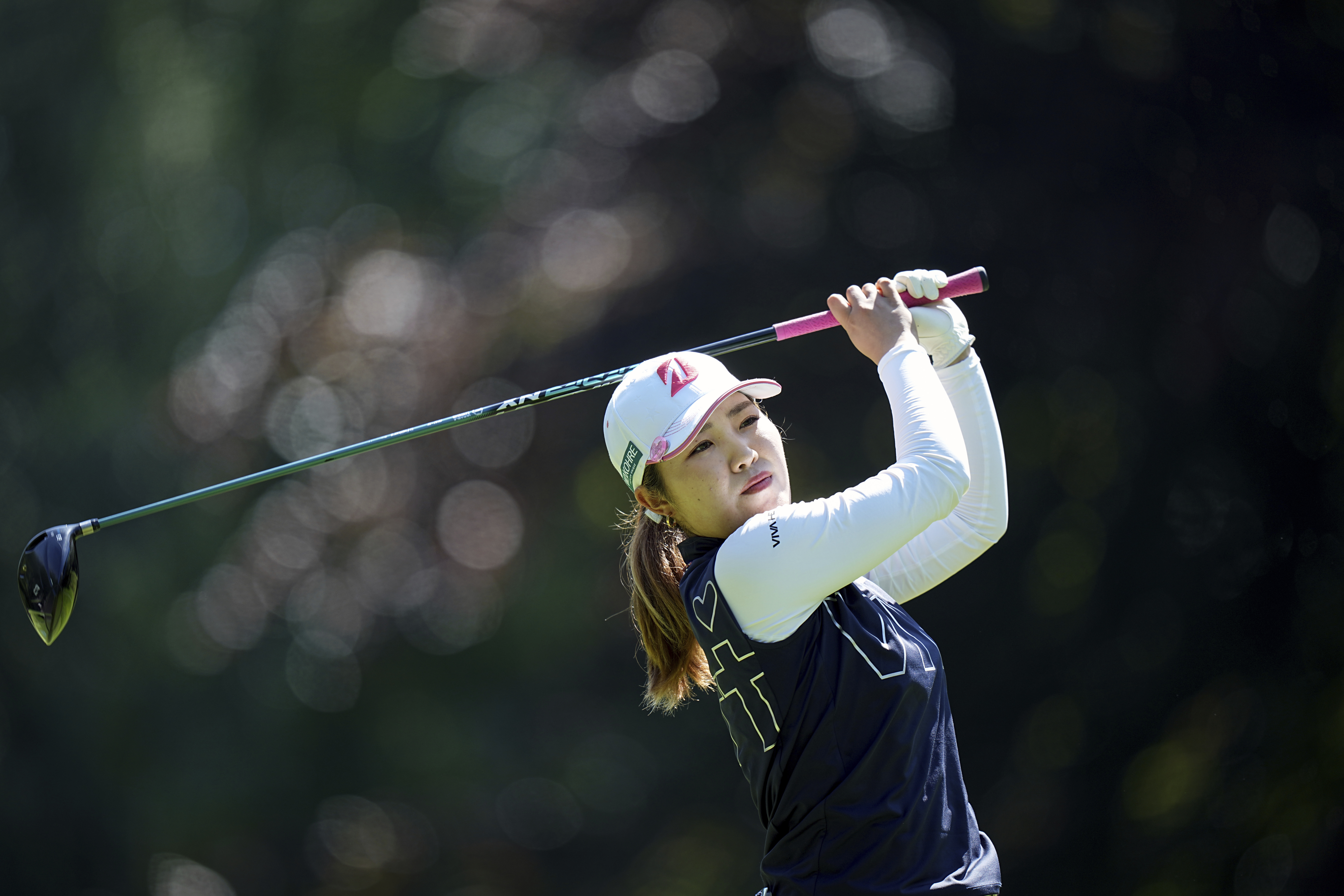 Ayaka Furue, of Japan, plays on the fourth hole during the last round of the Evian Championship women's golf tournament, in Evian, eastern France, Sunday, July 14, 2024. 