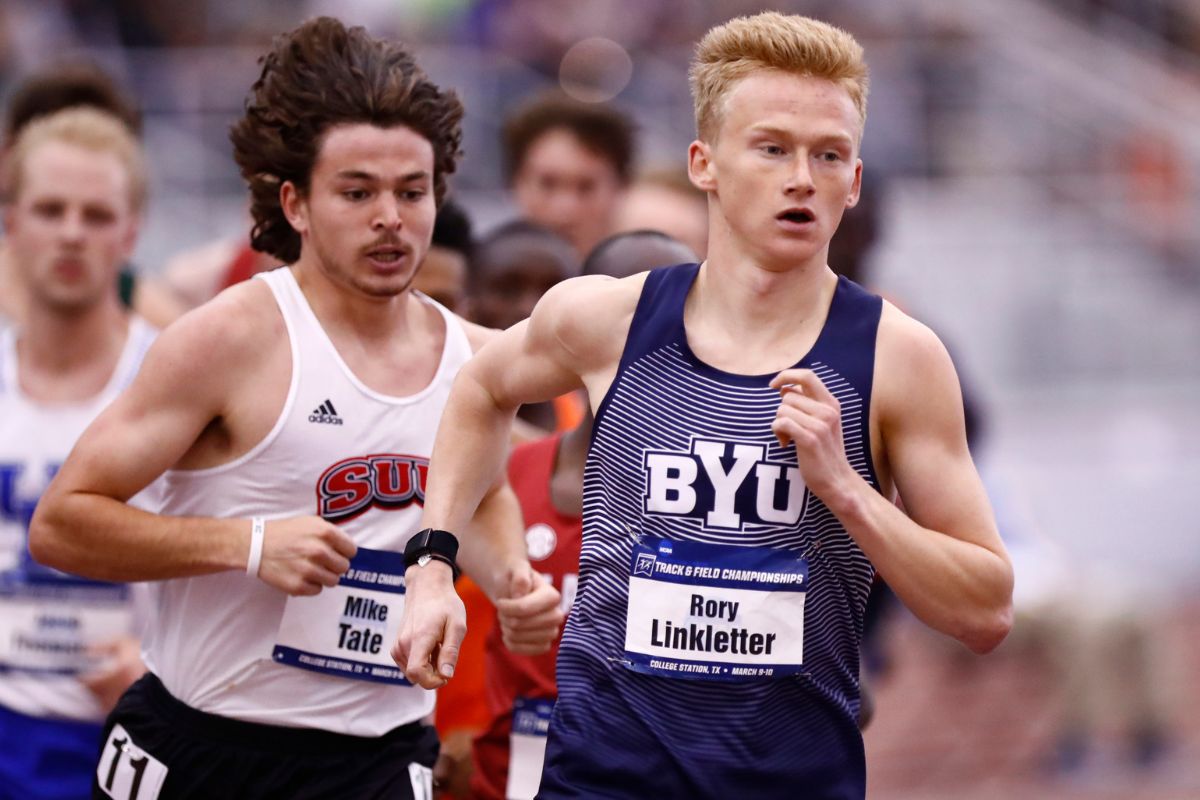 BYU distance runner Rory Linkletter competes in the NCAA Track and Field Championships in College Station Texas, during his college days. Linkletter will be competing in the 2024 Summer Games in the marathon. Rory Linkletter leads the pack during the men's 5,000m at the 2018 NCAA Indoor Track Championships in College Station, Texas. 