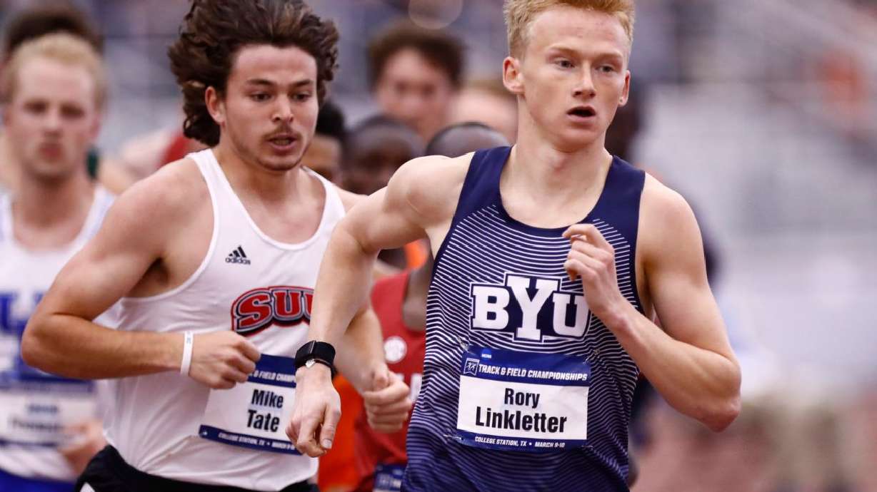 BYU distance runner Rory Linkletter competes in the NCAA Track and Field Championships in College Station Texas, during his college days. Linkletter will be competing in the 2024 Summer Games in the marathon. Rory Linkletter leads the pack during the men's 5,000m at the 2018 NCAA Indoor Track Championships in College Station, Texas.