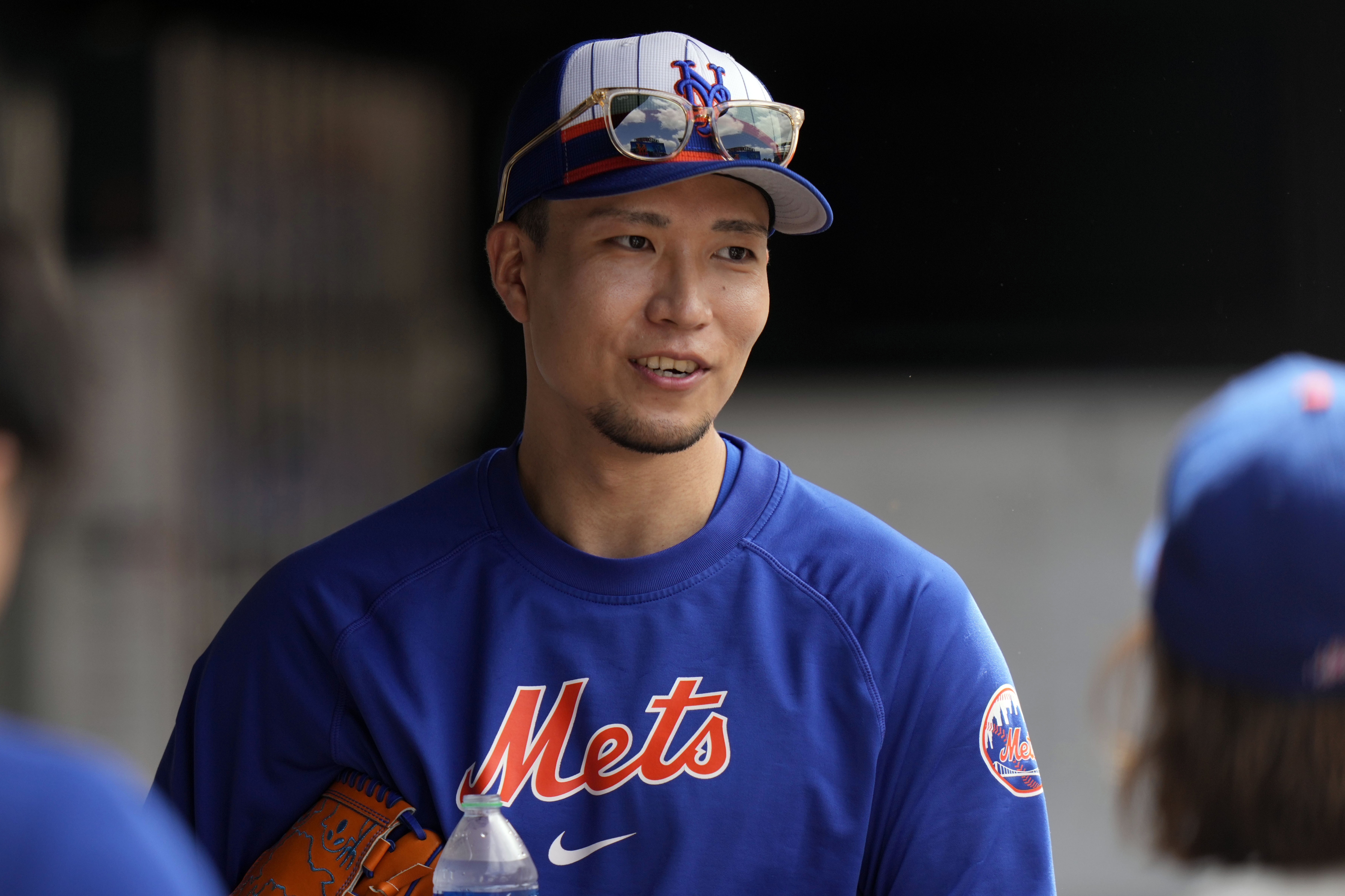 FILE - New York Mets pitcher Kodai Senga responds to questions during a news interview before the first baseball game of a doubleheader against the Los Angeles Dodgers, Tuesday, May 28, 2024, in New York. Senga has tossed 2 2/3 scoreless innings of two-hit ball Tuesday, July 9, 2024, in his second minor league rehab start. 