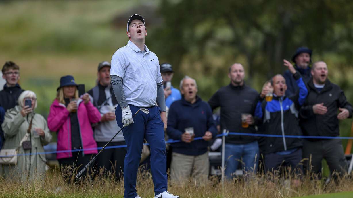 Robert MacIntyre reacts on the 17th hole during day three of the Genesis Scottish Open 2024 at The Renaissance Club, North Berwick, Saturday July 13, 2024.