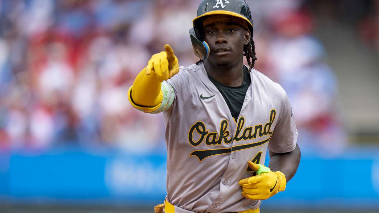 Oakland Athletics' Lawrence Butler reacts to his two-run home run during the fifth inning of a baseball game against the Philadelphia Phillies, Sunday, July 14, 2024, in Philadelphia.
