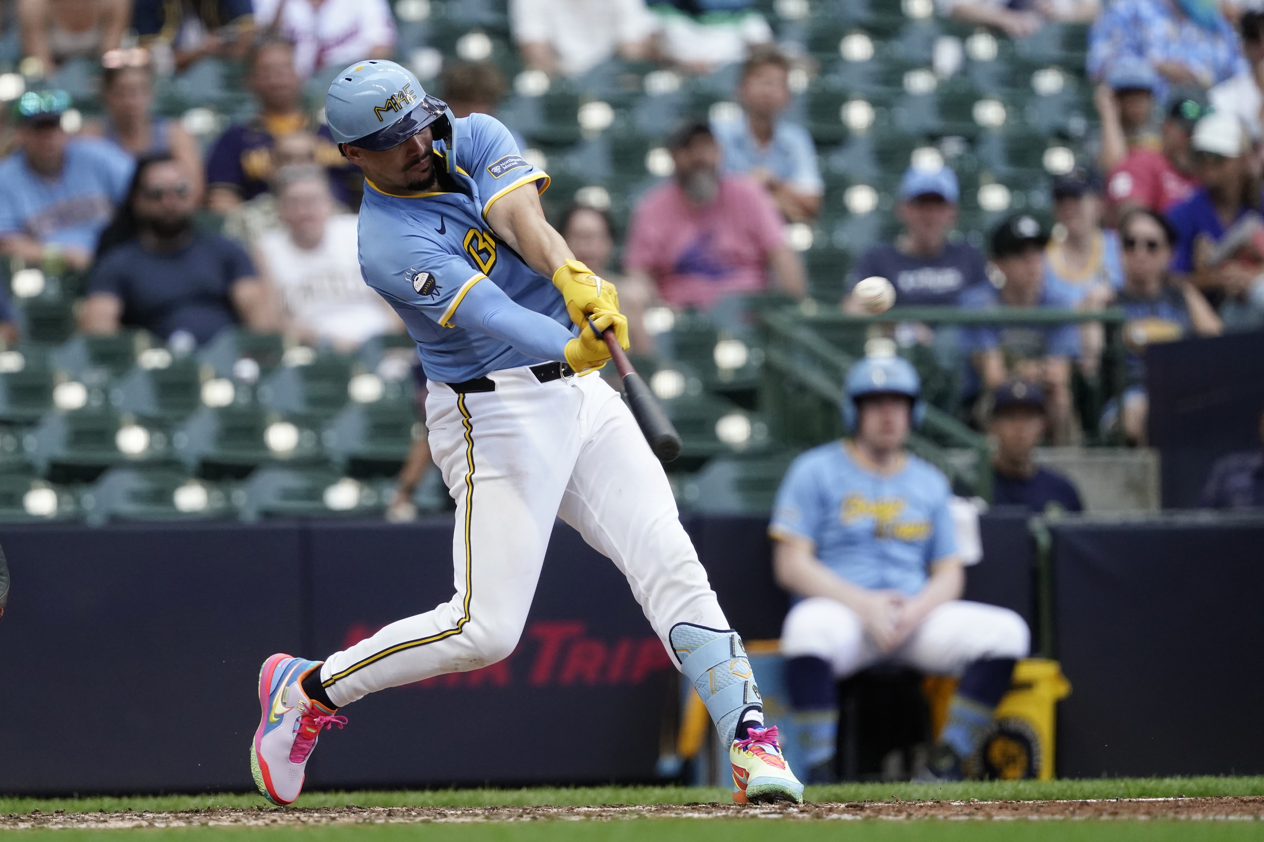 Milwaukee Brewers' Willy Adames hits a two-run home run during the eighth inning of a baseball game against the Washington Nationals, Sunday, July 14, 2024, in Milwaukee. 