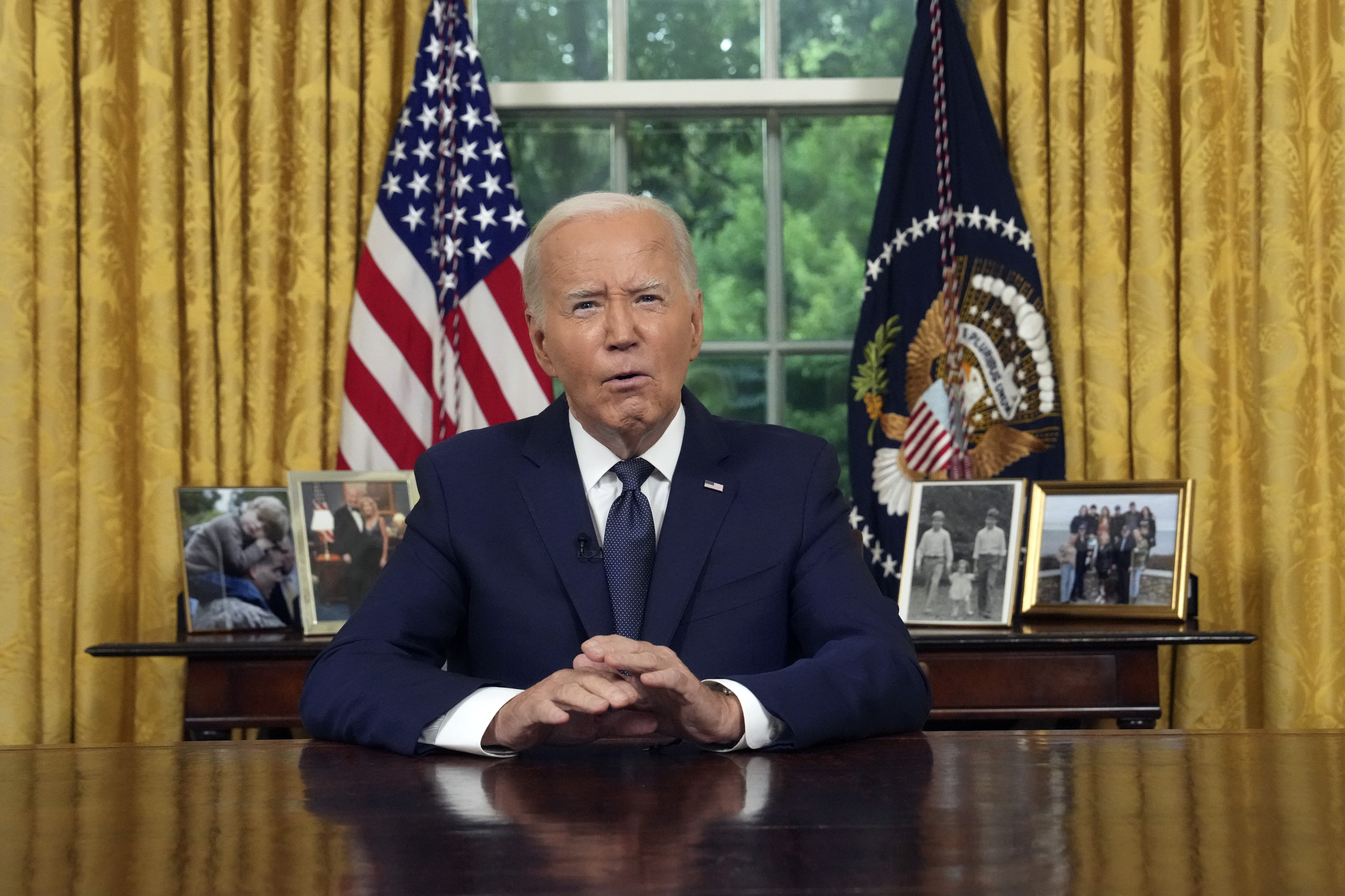 President Joe Biden addresses the nation from the Oval Office of the White House in Washington, Sunday, about the assassination attempt of Republican presidential candidate former President Donald Trump at a campaign rally in Pennsylvania.