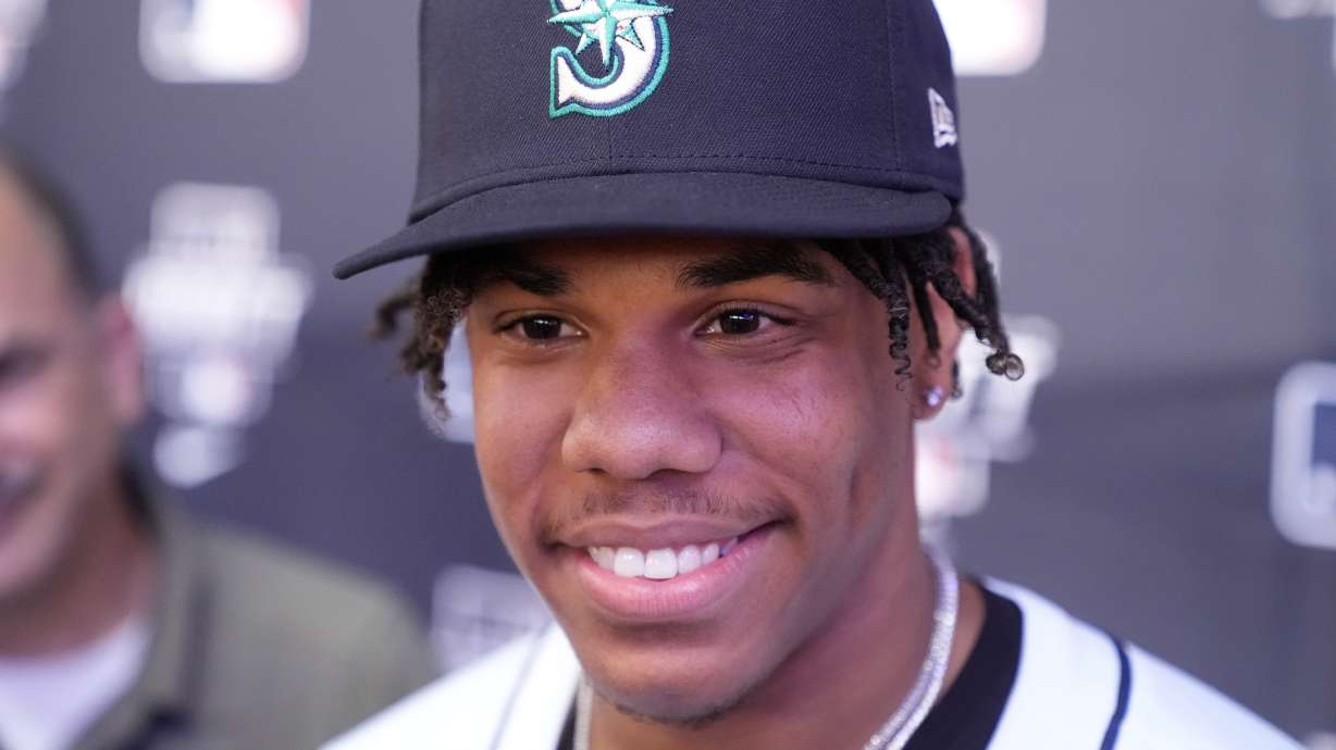 Jurrangelo Cijntje is interviewed after being selected 15th overall by the Seattle Mariners in the first round of the MLB baseball draft in Fort Worth, Texas, Sunday, July 14, 2024.