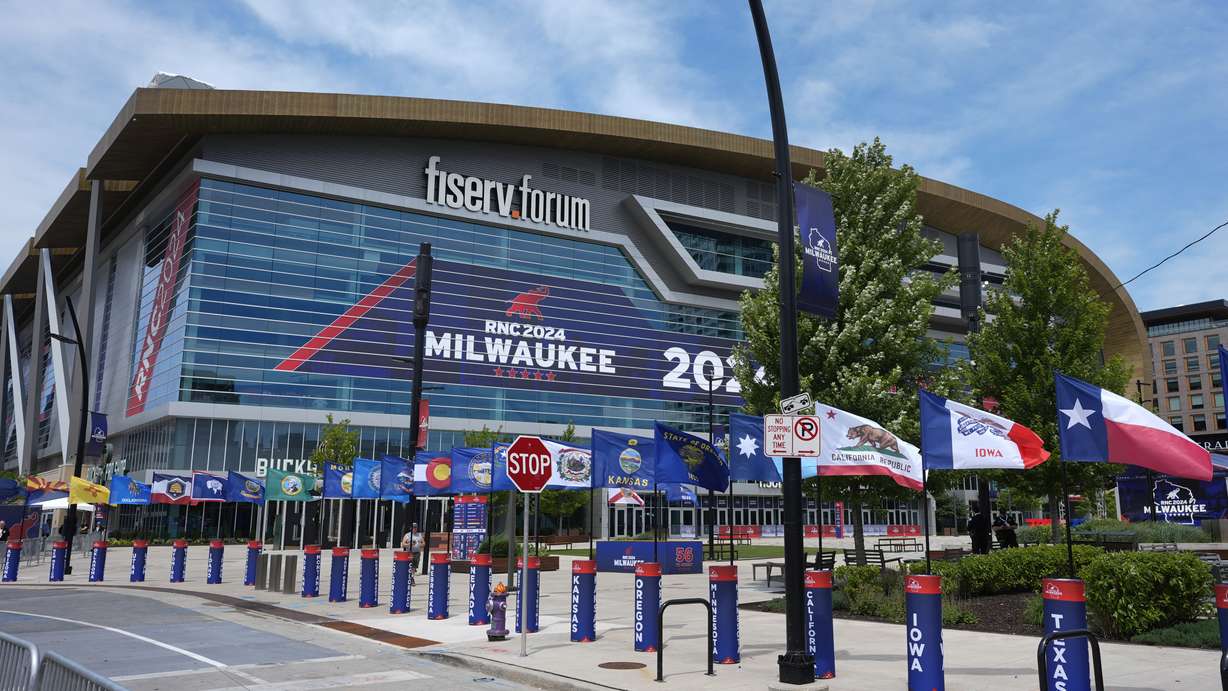 An exterior general view at the 2024 Republican National Convention at the Fiserv Forum, Sunday, in Milwaukee.